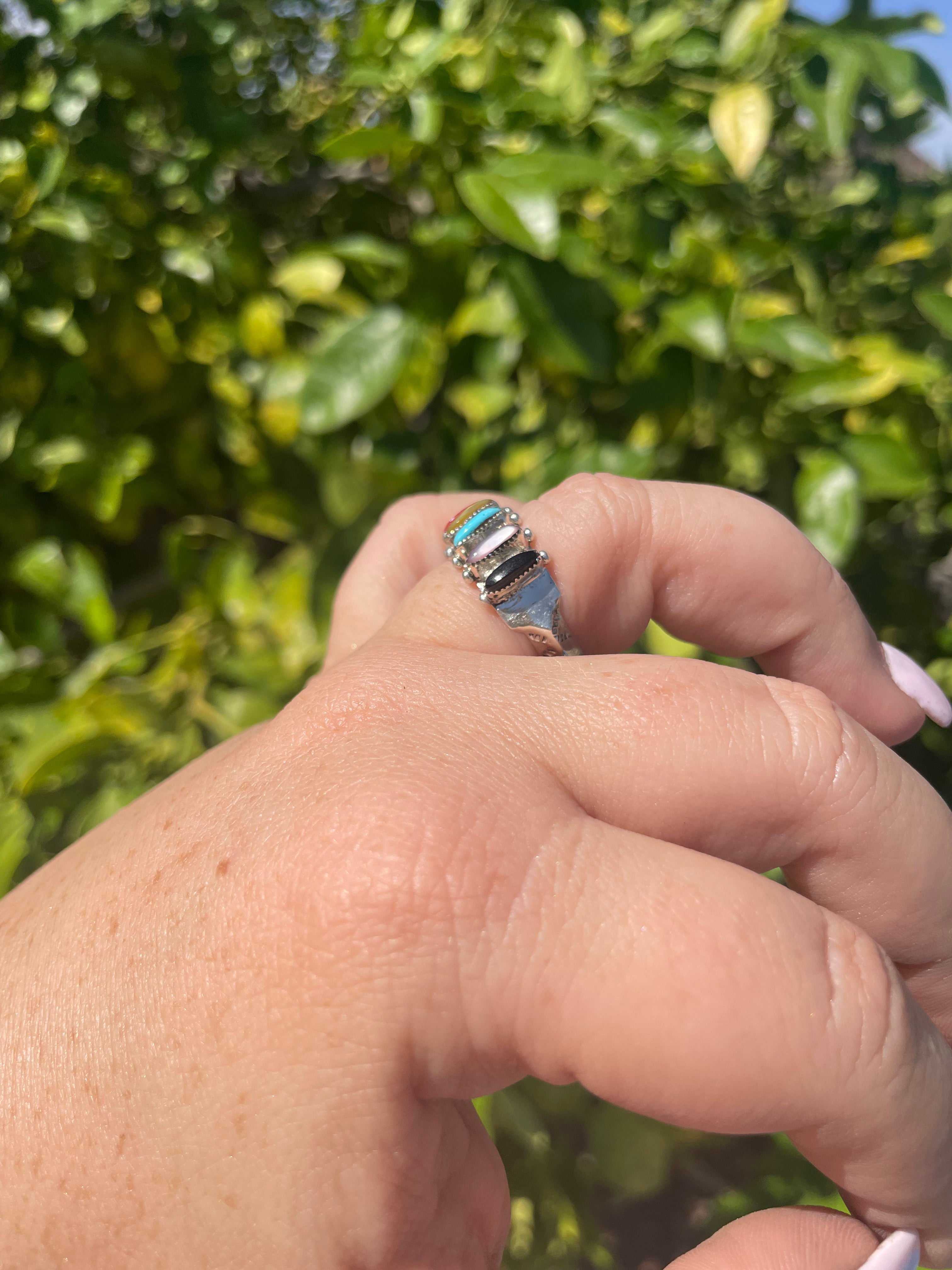 Zuni Sterling Silver Multi Colored 6 Stone Ring