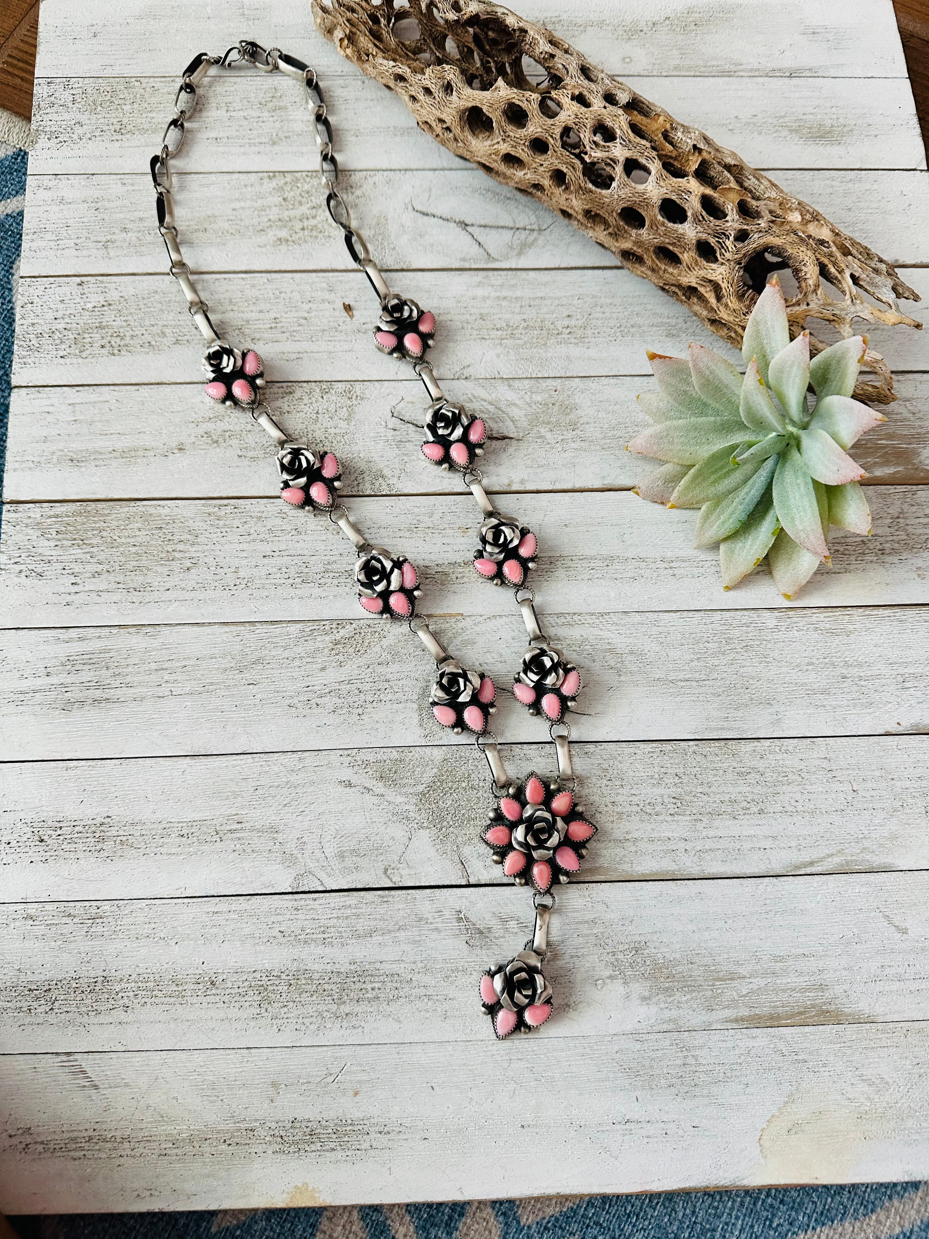 Navajo Sterling Silver & Queen Pink Conch Shell Flower Necklace