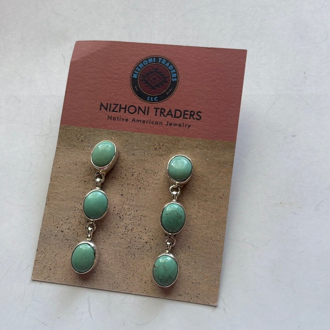 Navajo Turquoise & Sterling Silver 3 Stone Dangle Earrings