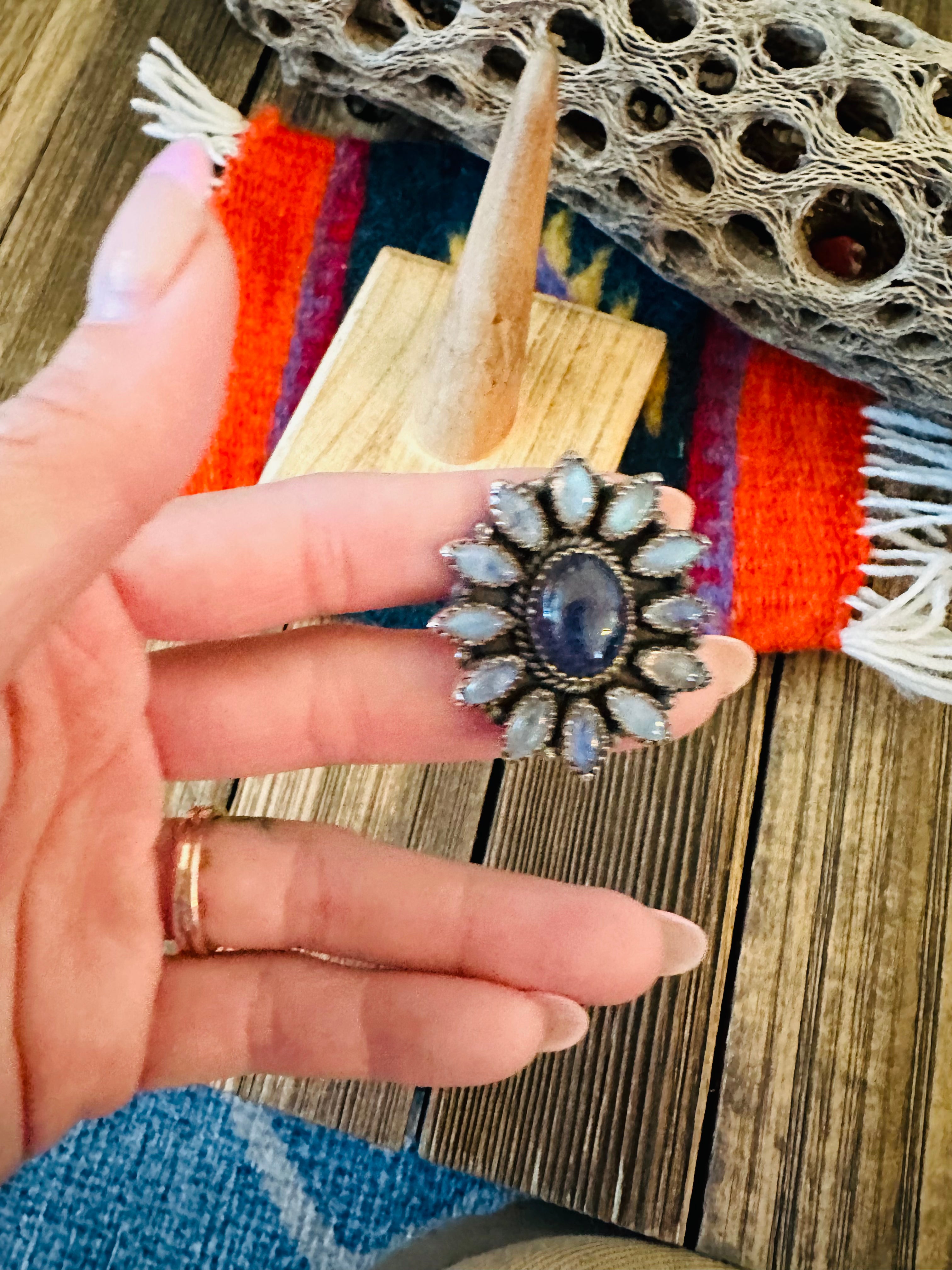 Handmade Sterling Silver & Moon Stone Cluster Adjustable Ring