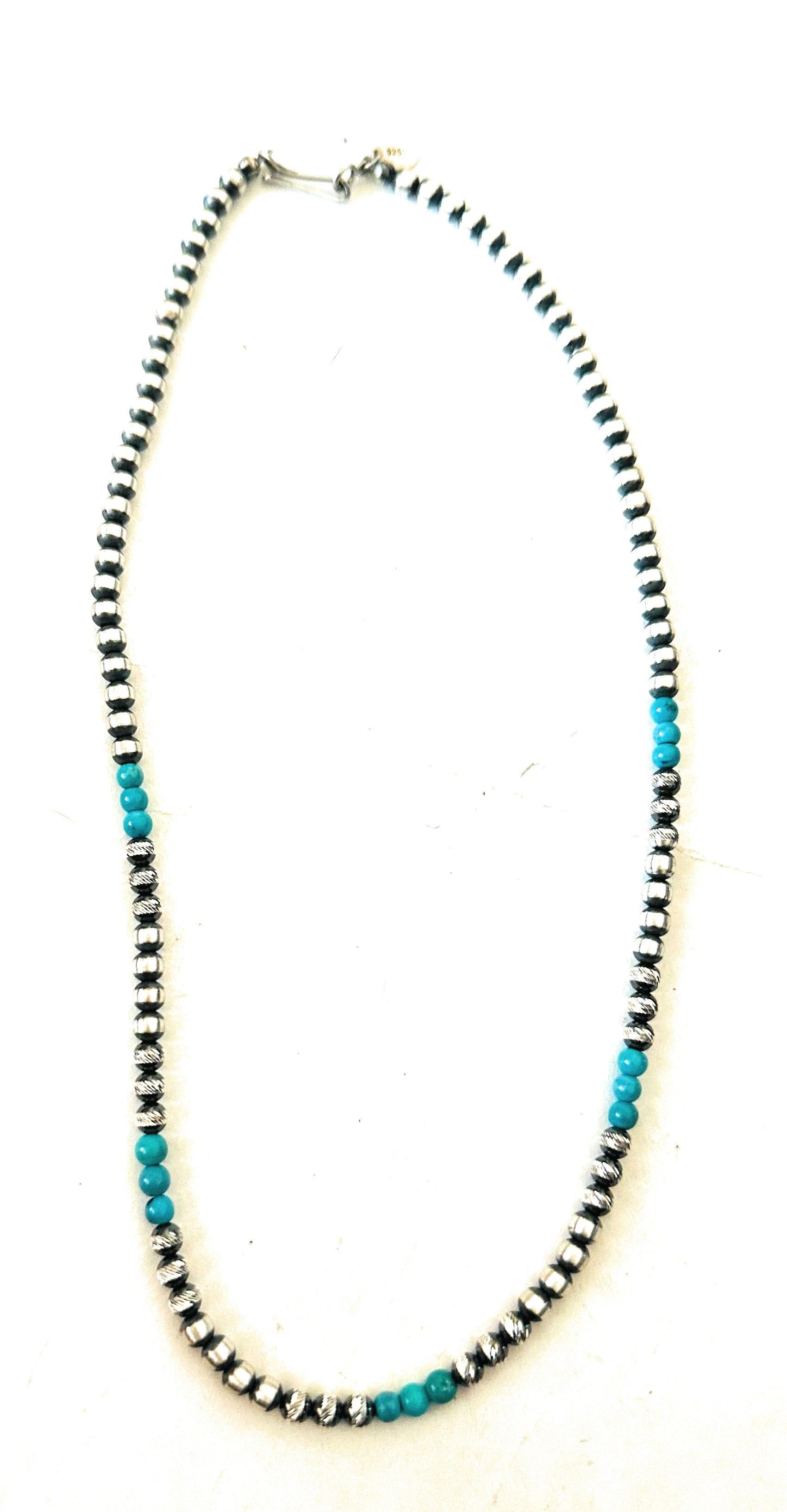 Navajo Turquoise & Sterling Silver Diamond Cut Beaded Necklace 14” or 16”