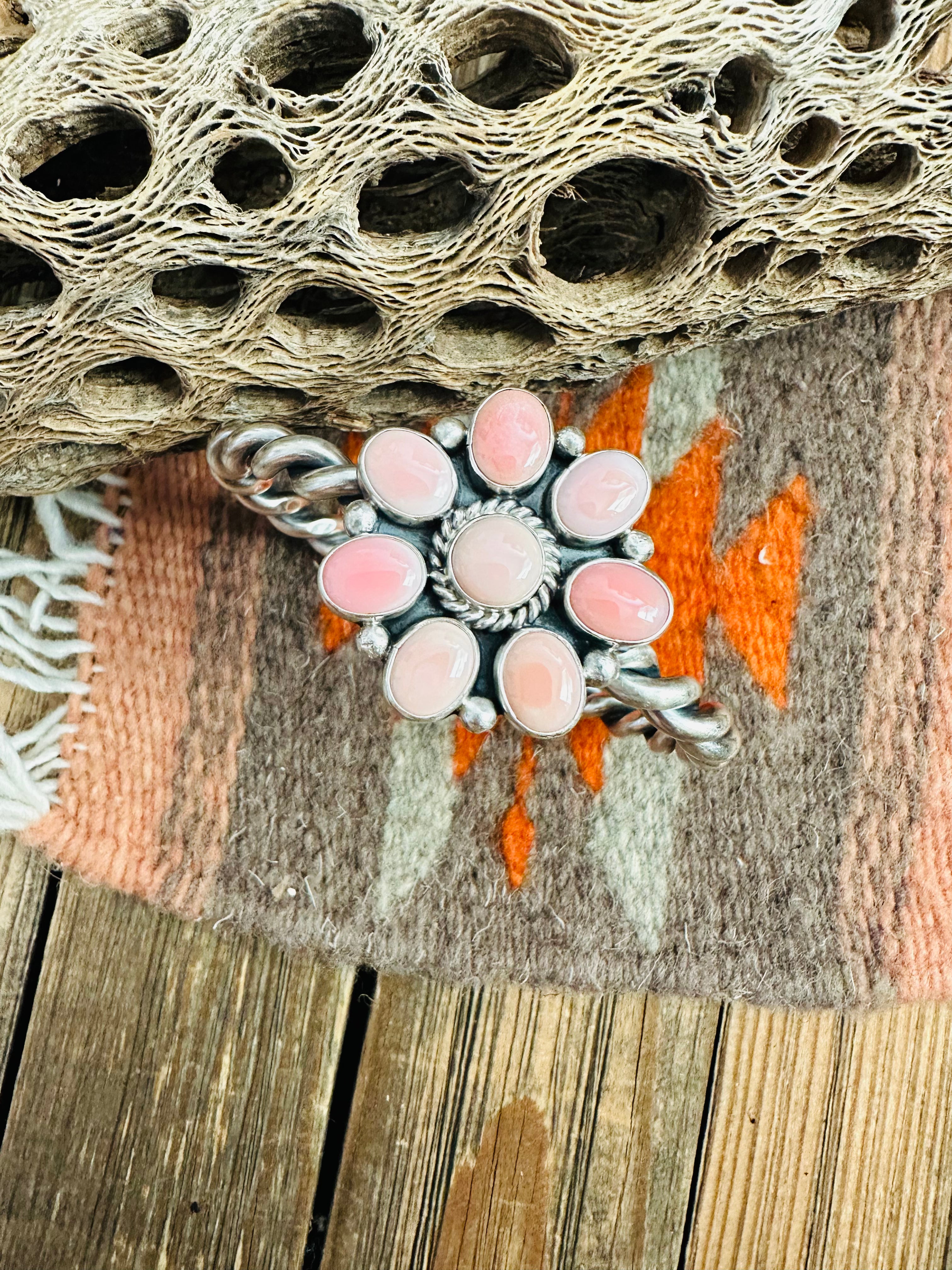 Navajo Queen Pink Conch Shell & Sterling Silver Cluster Cuff Bracelet