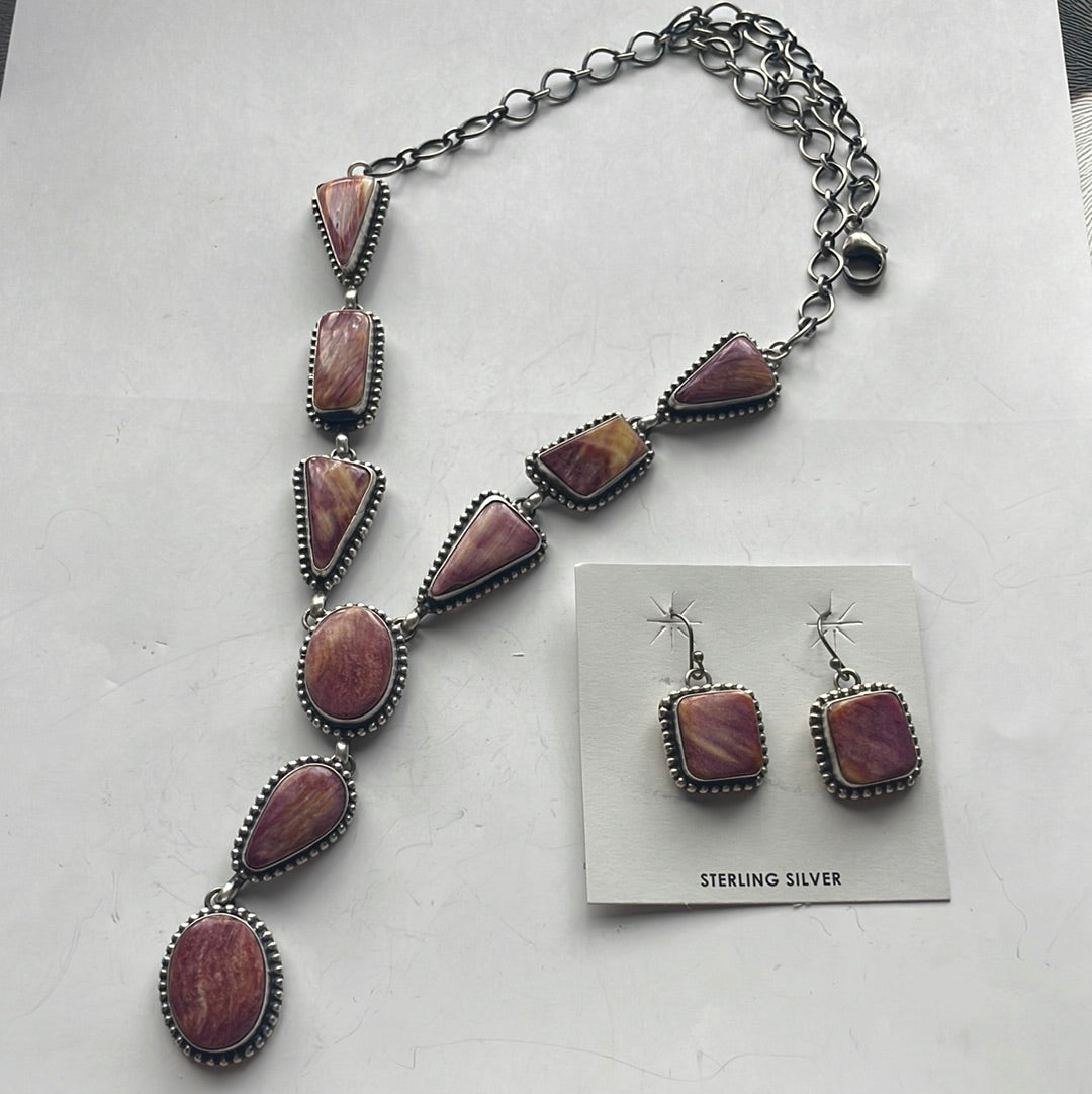 Navajo Purple Spiny And Sterling Silver Necklace & Earrings Signed