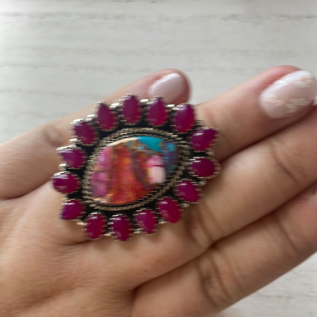 Handmade Sterling Silver, Pink Onyx, Pink Dream Adjustable Ring Signed Nizhoni