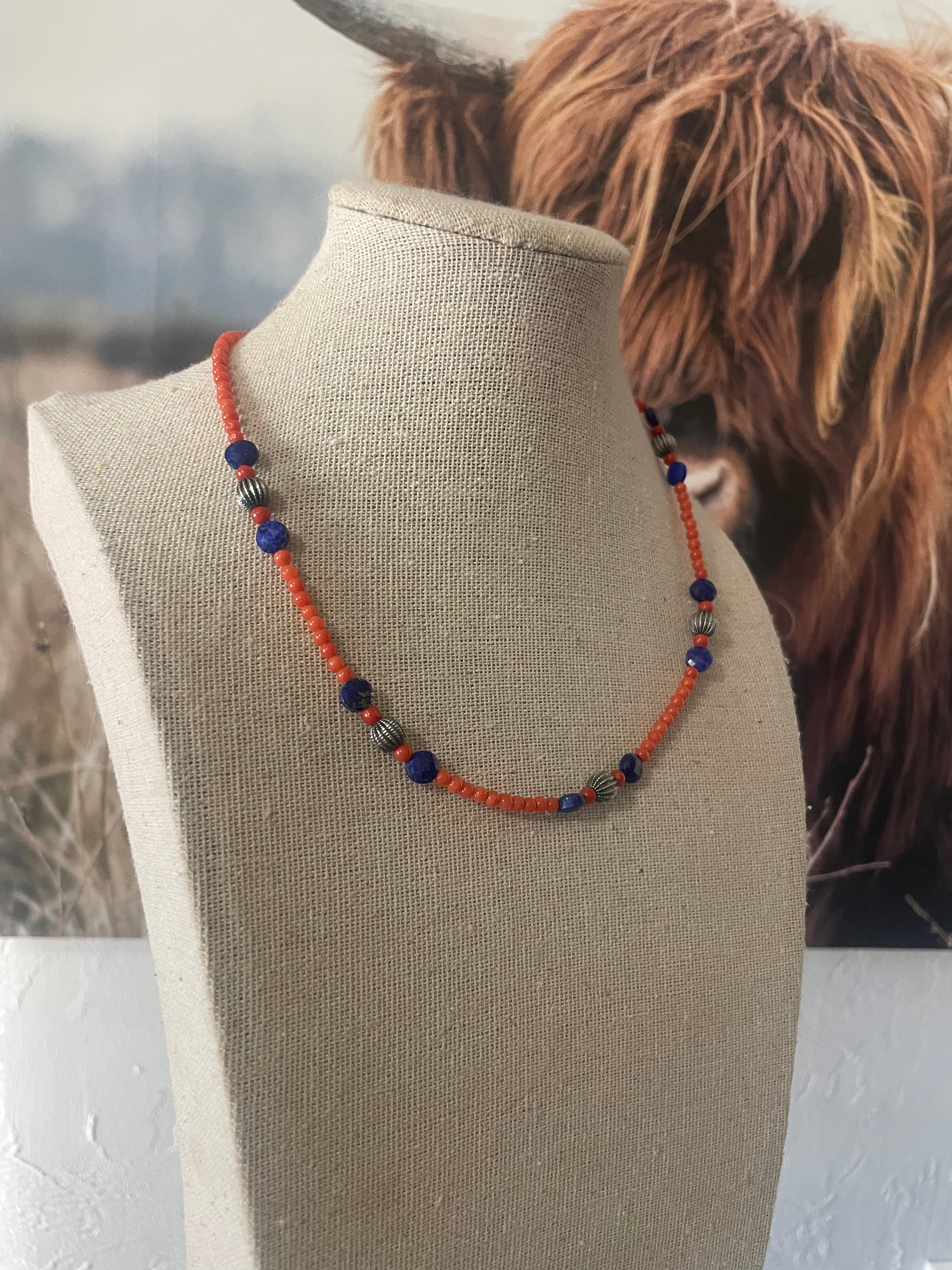 Handmade Beaded Coral, Lapis & Sterling Silver Necklace