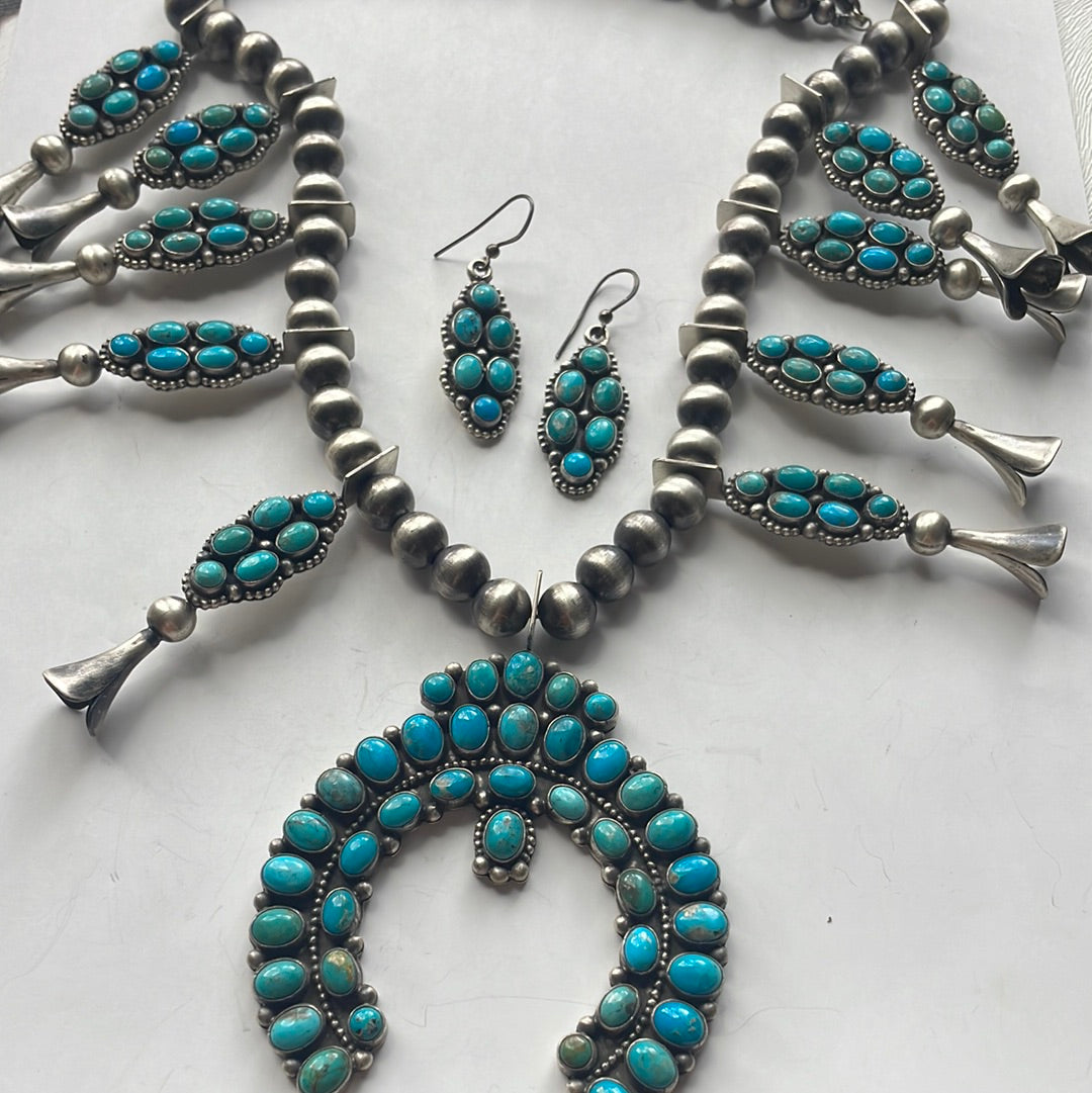 Navajo Royston Turquoise & Sterling Squash Blossom Set Signed