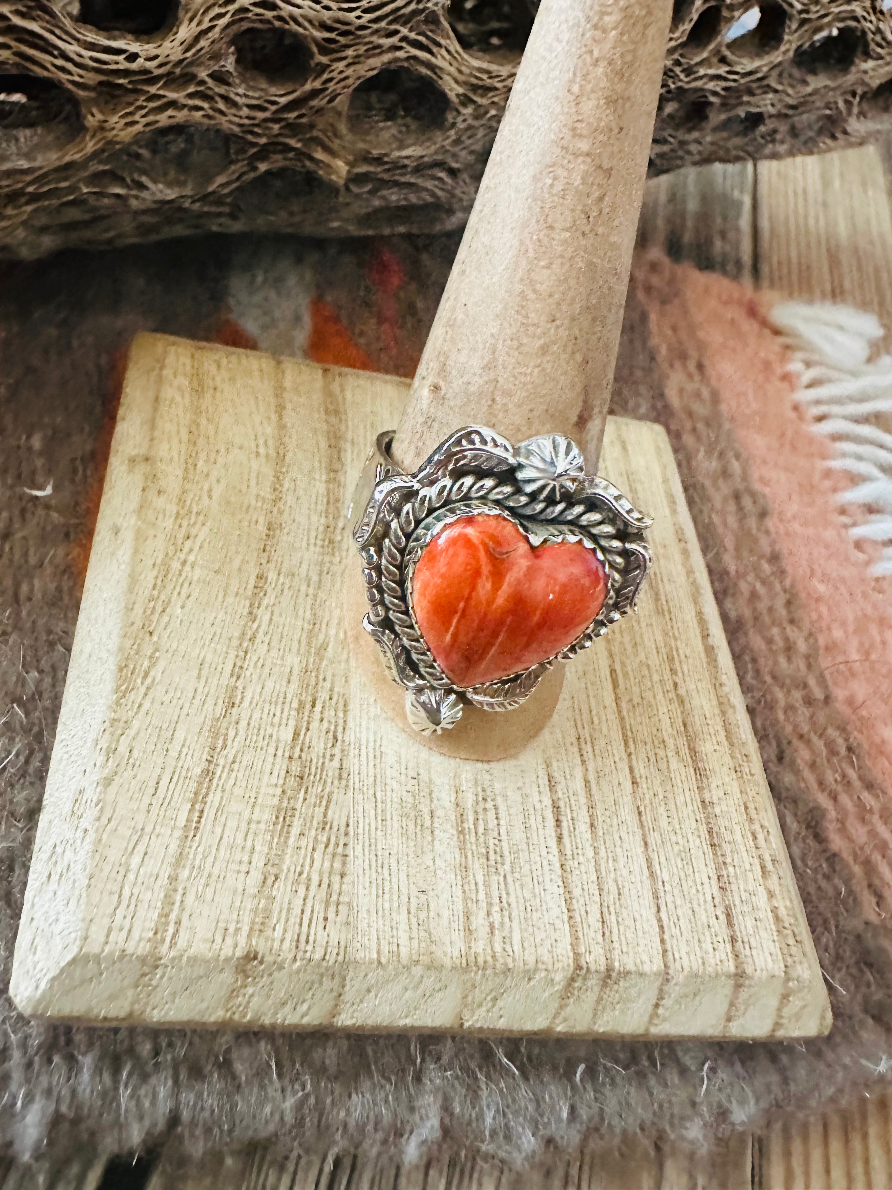 Handmade Sterling Silver & Orange Spiny Heart Adjustable Ring