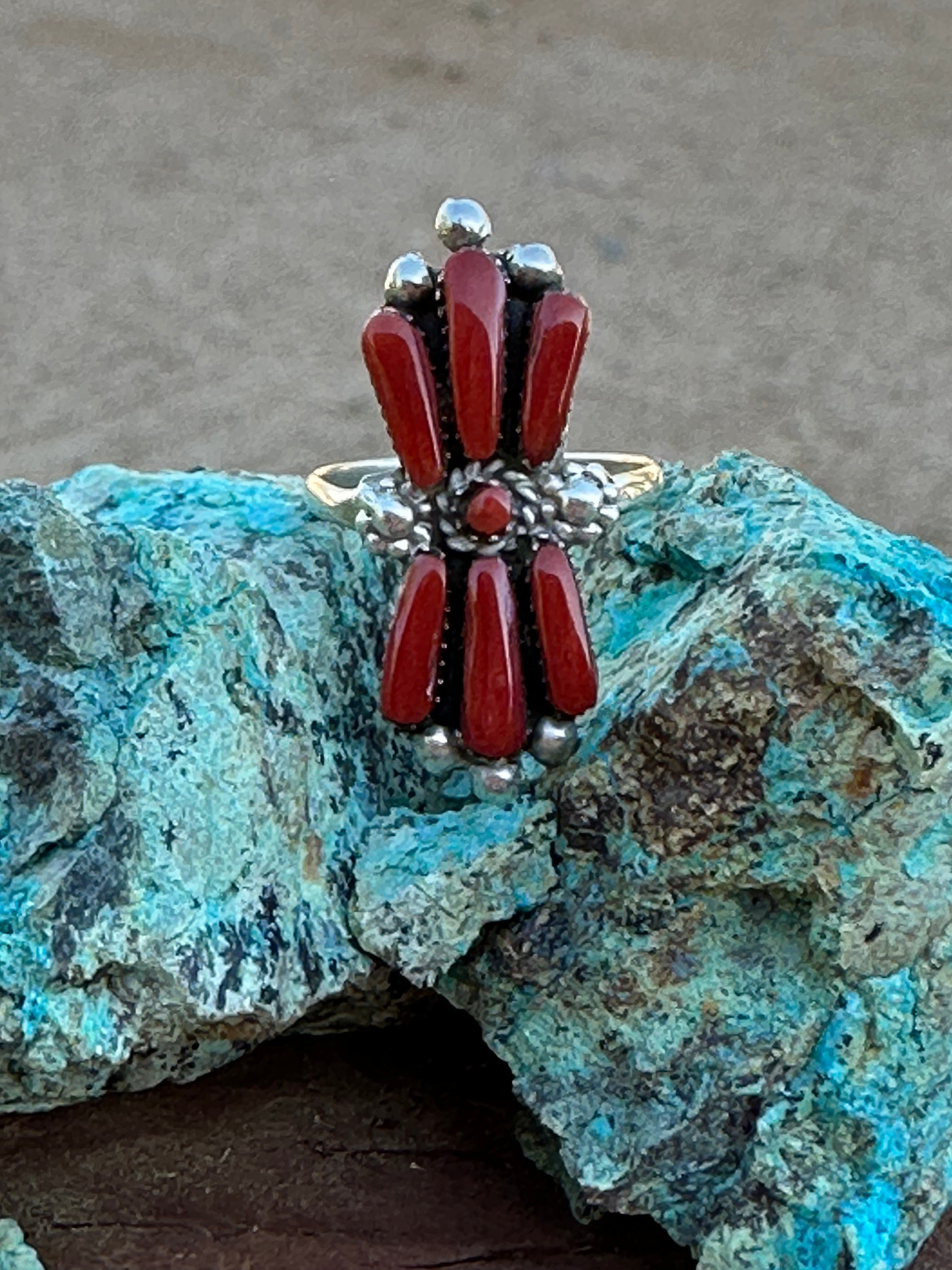 Zuni Sterling Silver & Coral Needlepoint Ring