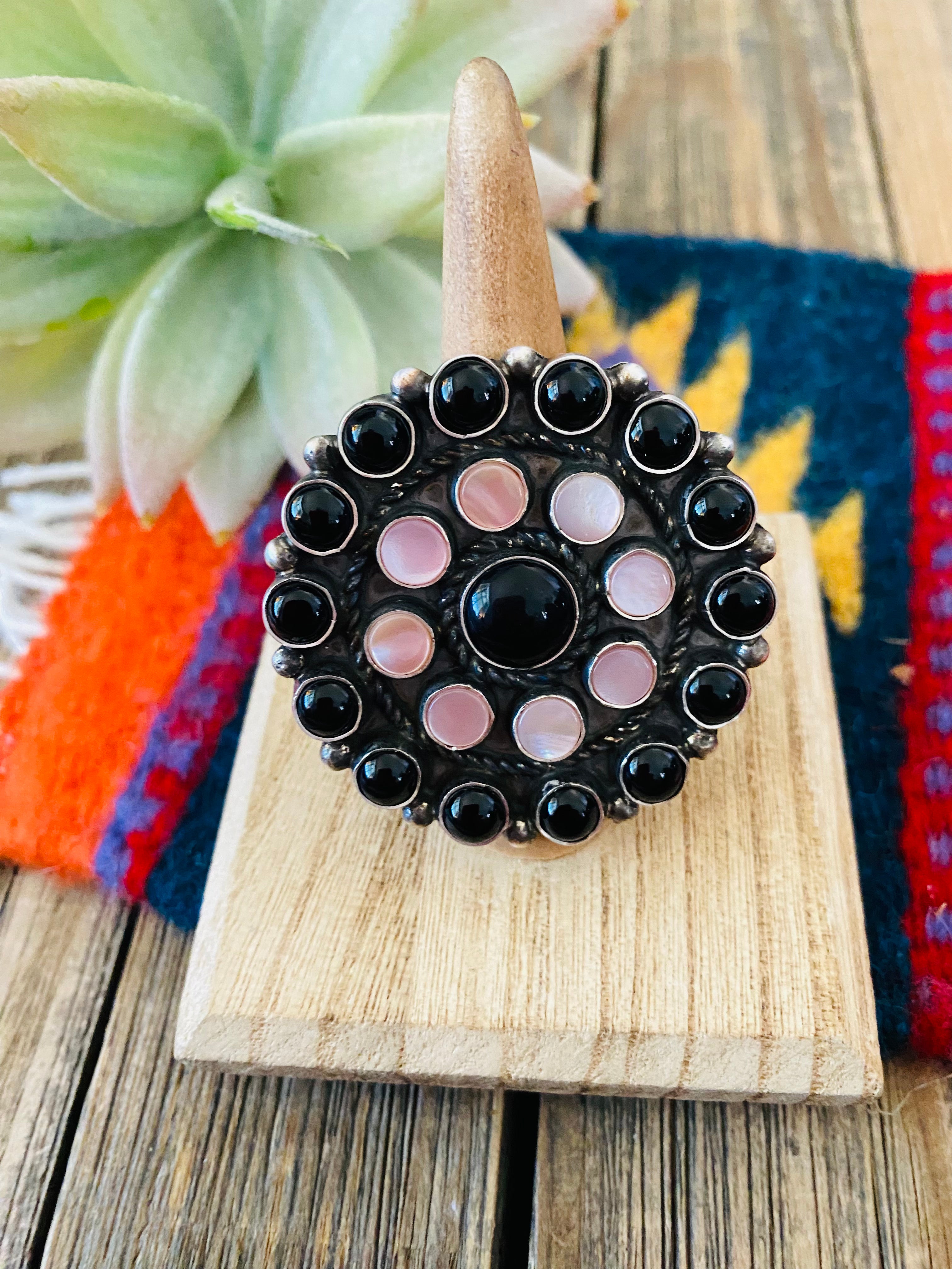 Navajo Sterling Silver, Onyx & Mother of Pearl Cluster Ring Size 9