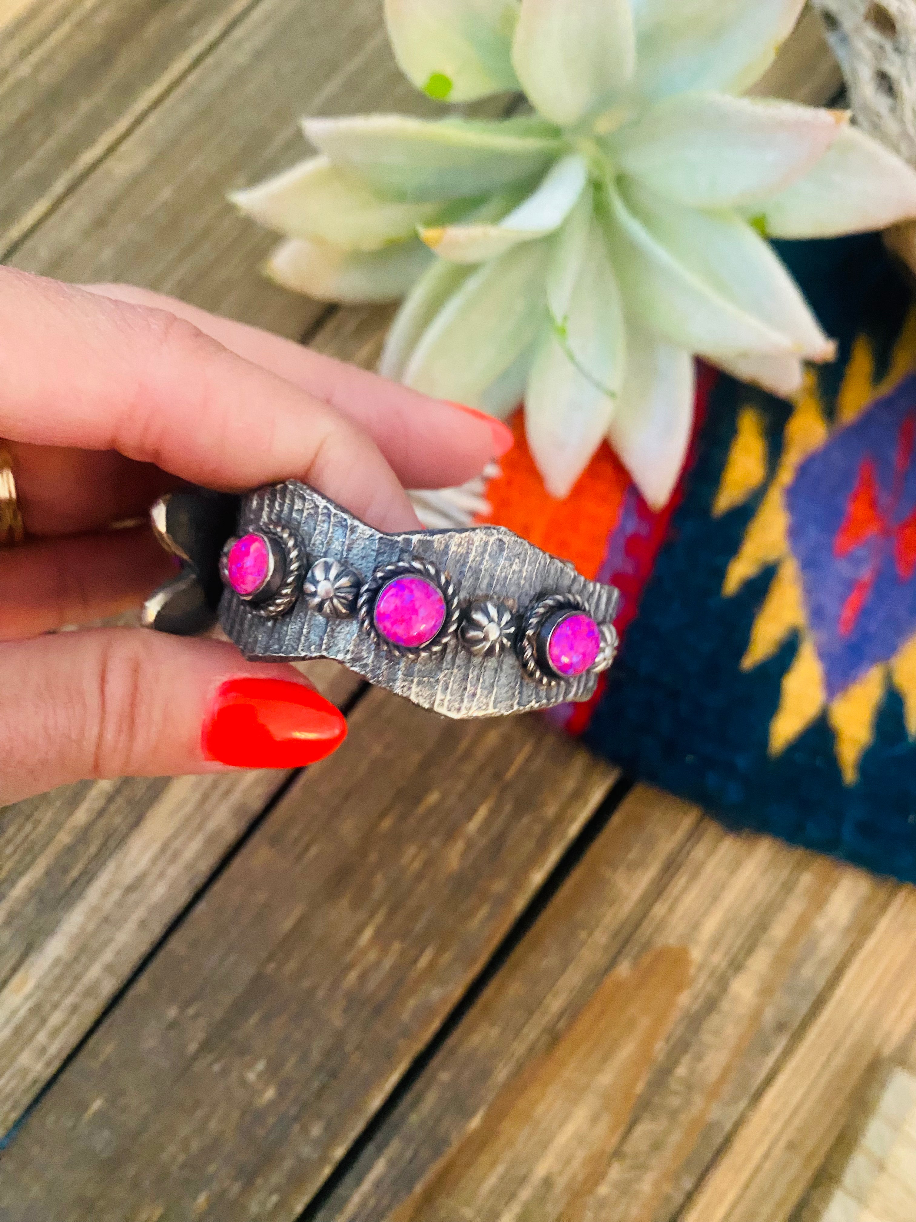 Navajo Pink Opal & Sterling Silver Flower Cuff Bracelet