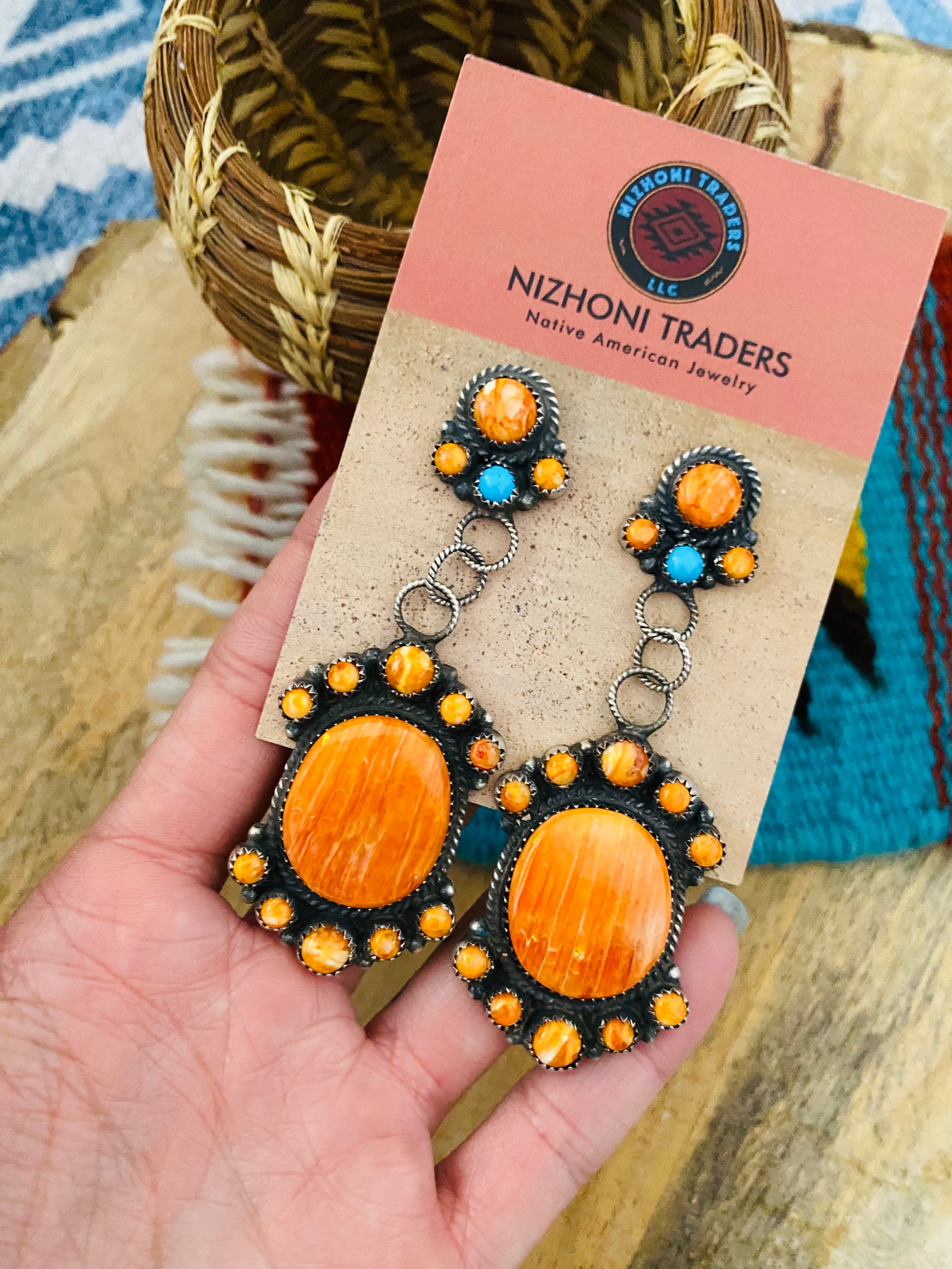 Navajo Sterling Silver, Orange Spiny & Turquoise Dangle Earrings