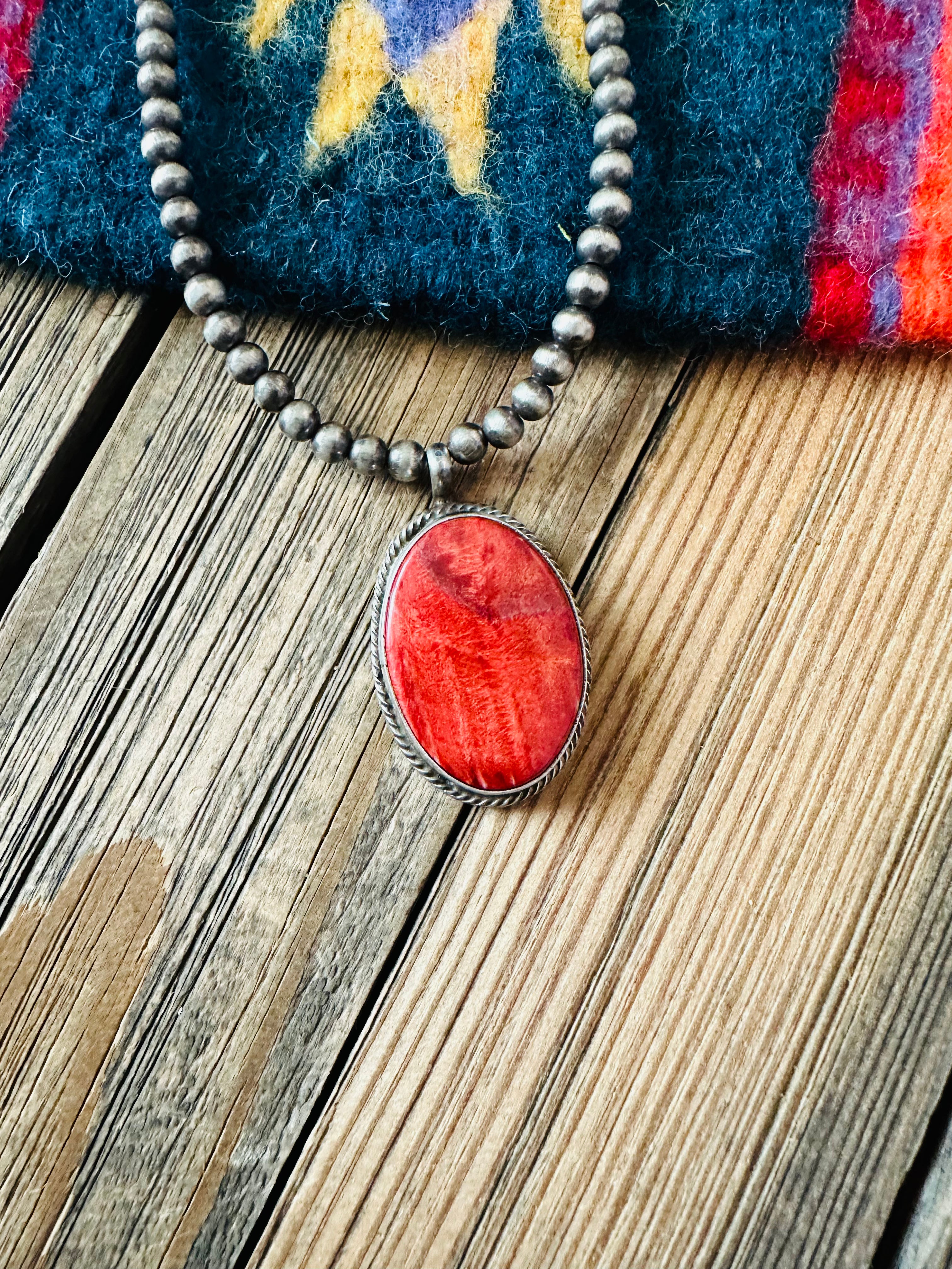 Navajo Sterling Silver Pearl & Orange Spiny Beaded Necklace