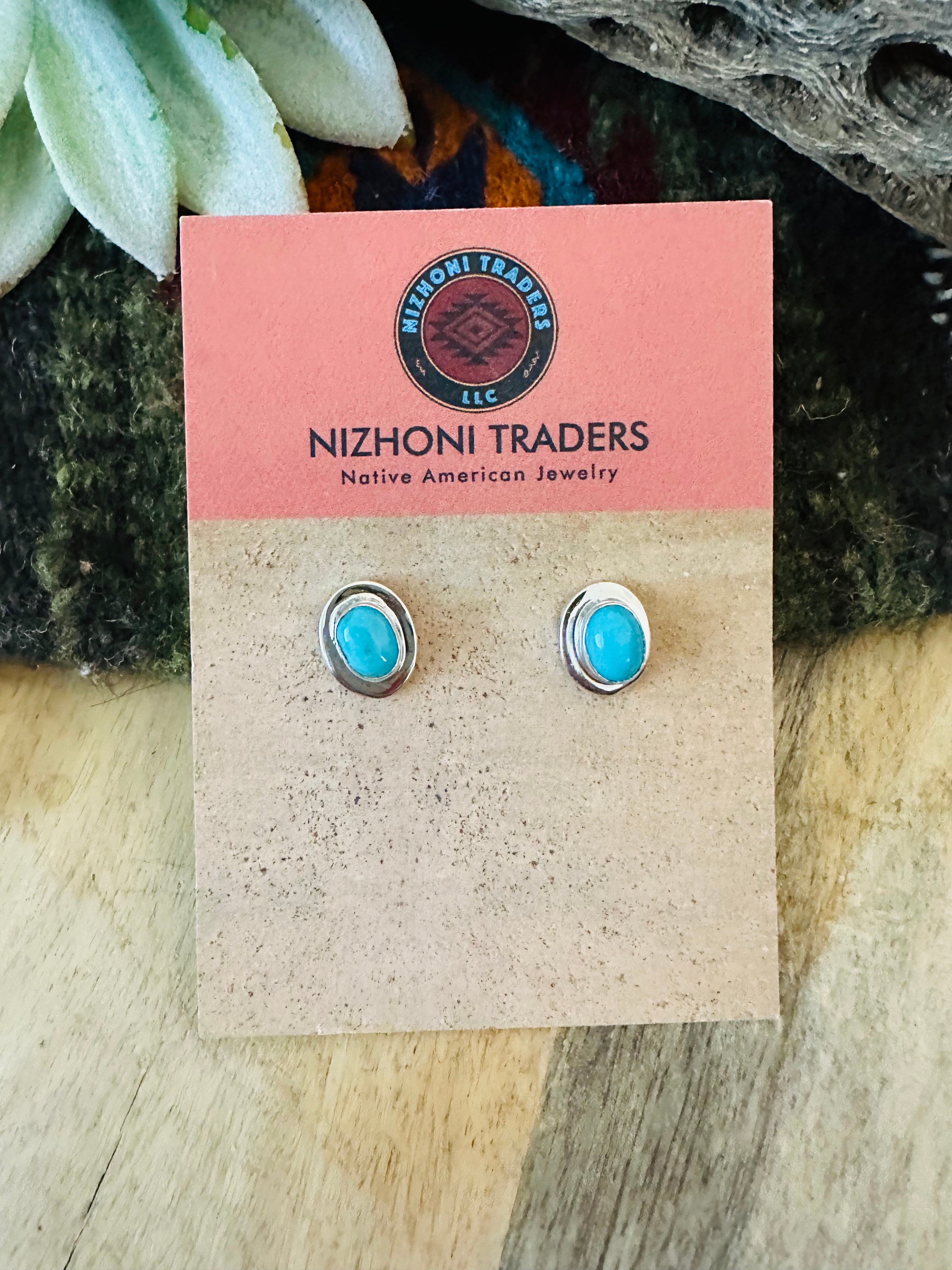 Navajo Turquoise & Sterling Silver Oval Stud Earrings