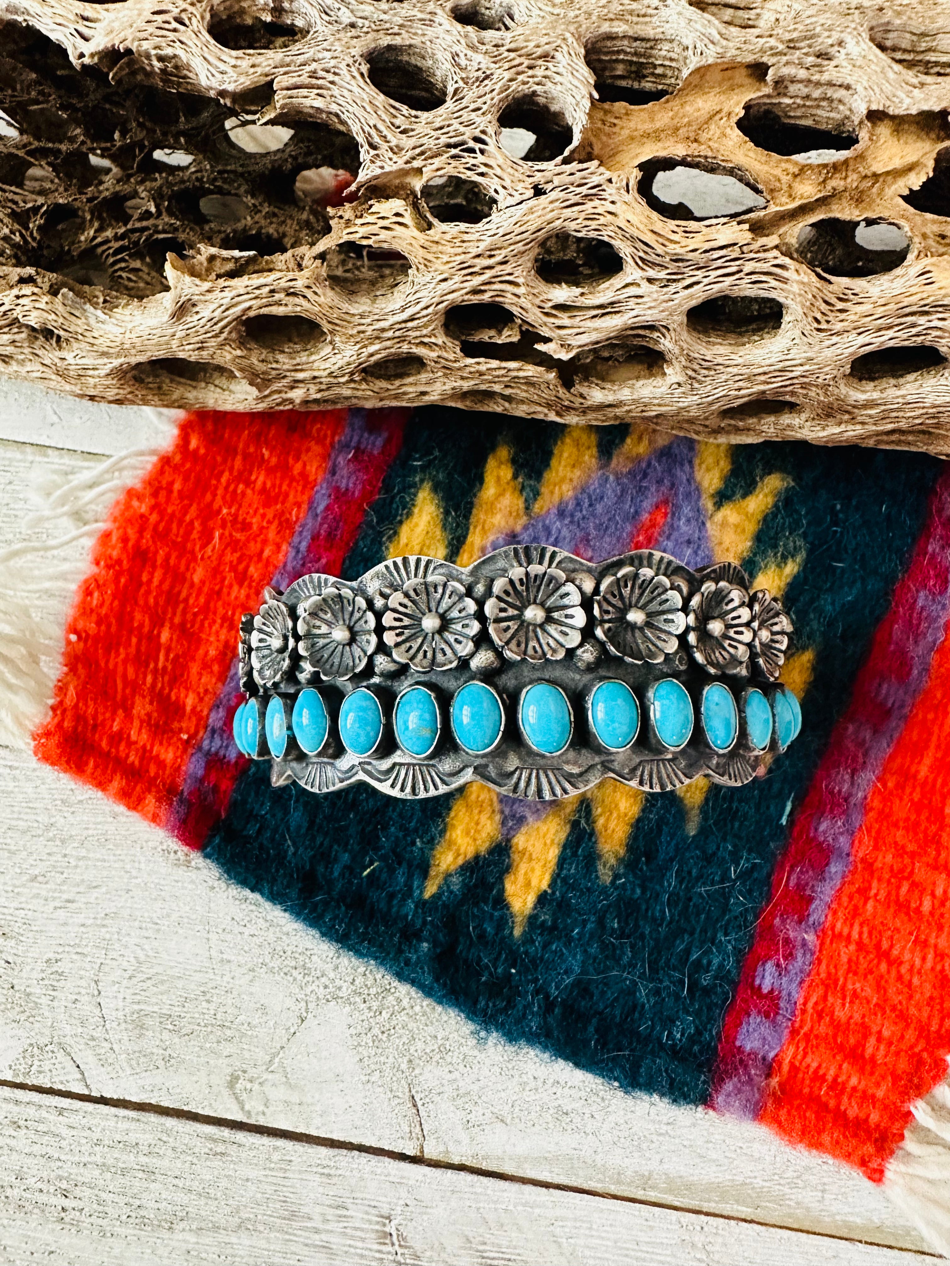 Navajo Turquoise & Sterling Silver Flower Cuff Bracelet /