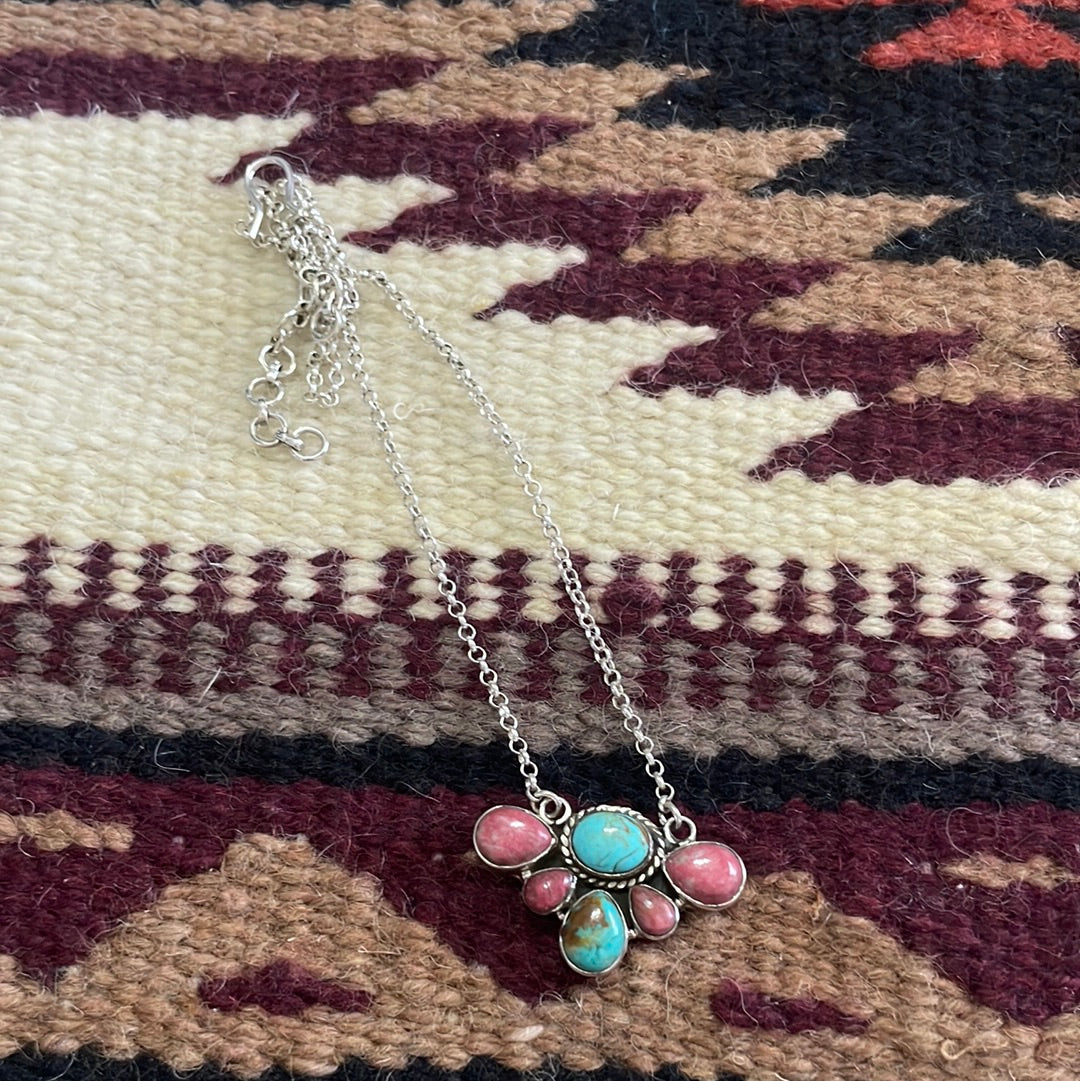 Handmade Sterling Silver, Rhodonite & Turquoise Necklace