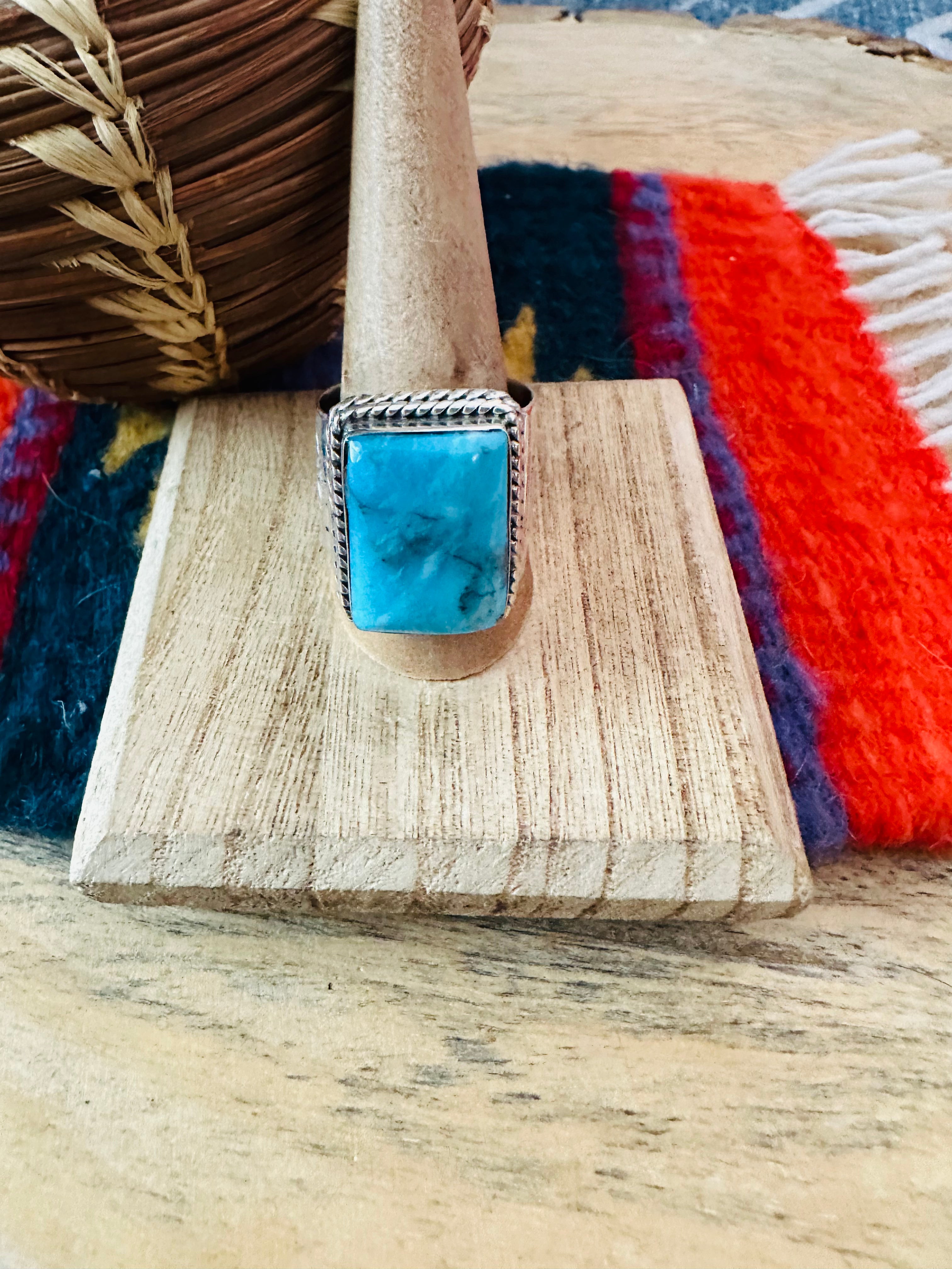 Navajo Sterling Silver & Kingman Turquoise Band Ring Signed