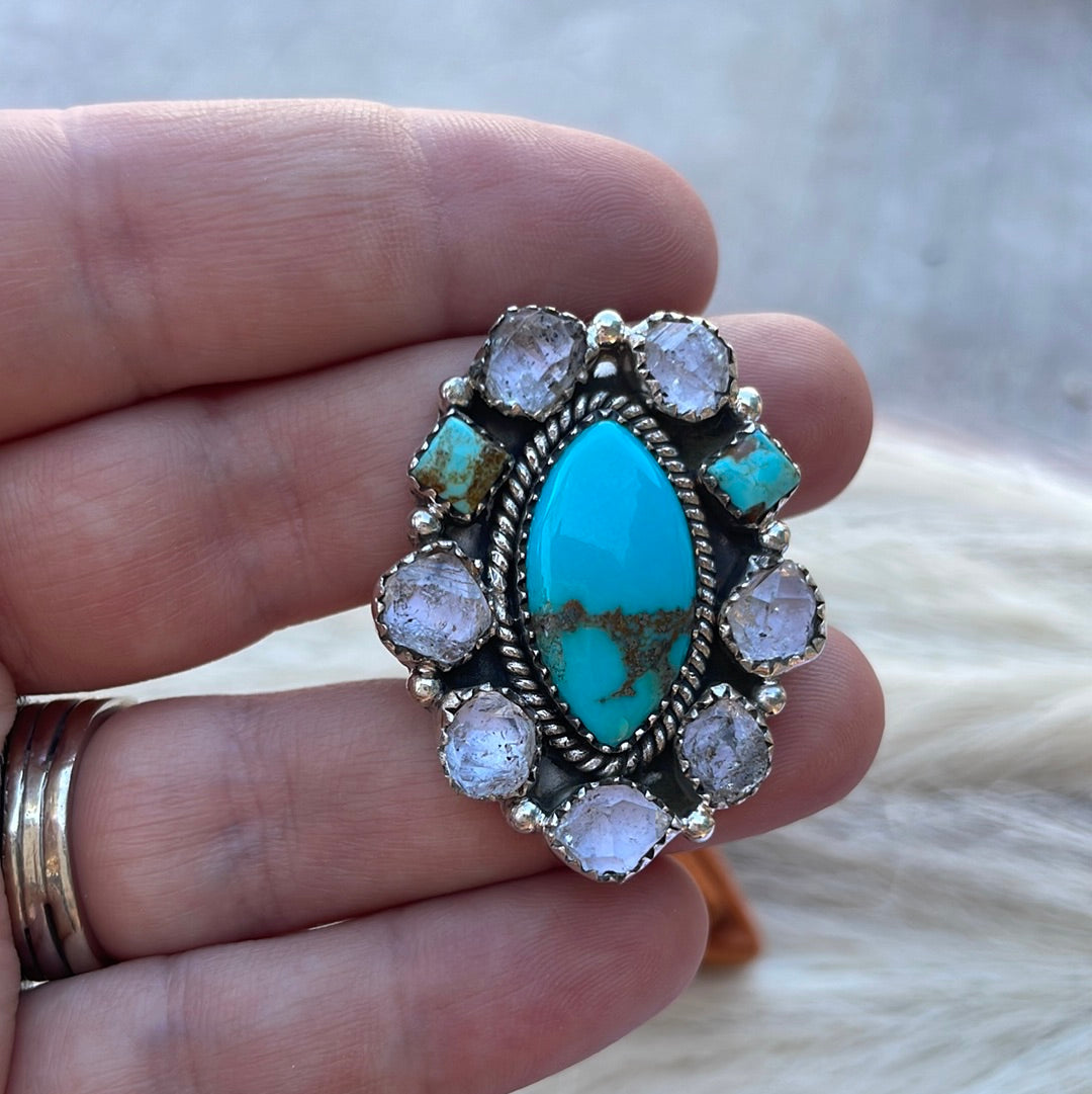 Handmade Sterling Silver, Turquoise & Herkimer Diamond Adjustable Ring