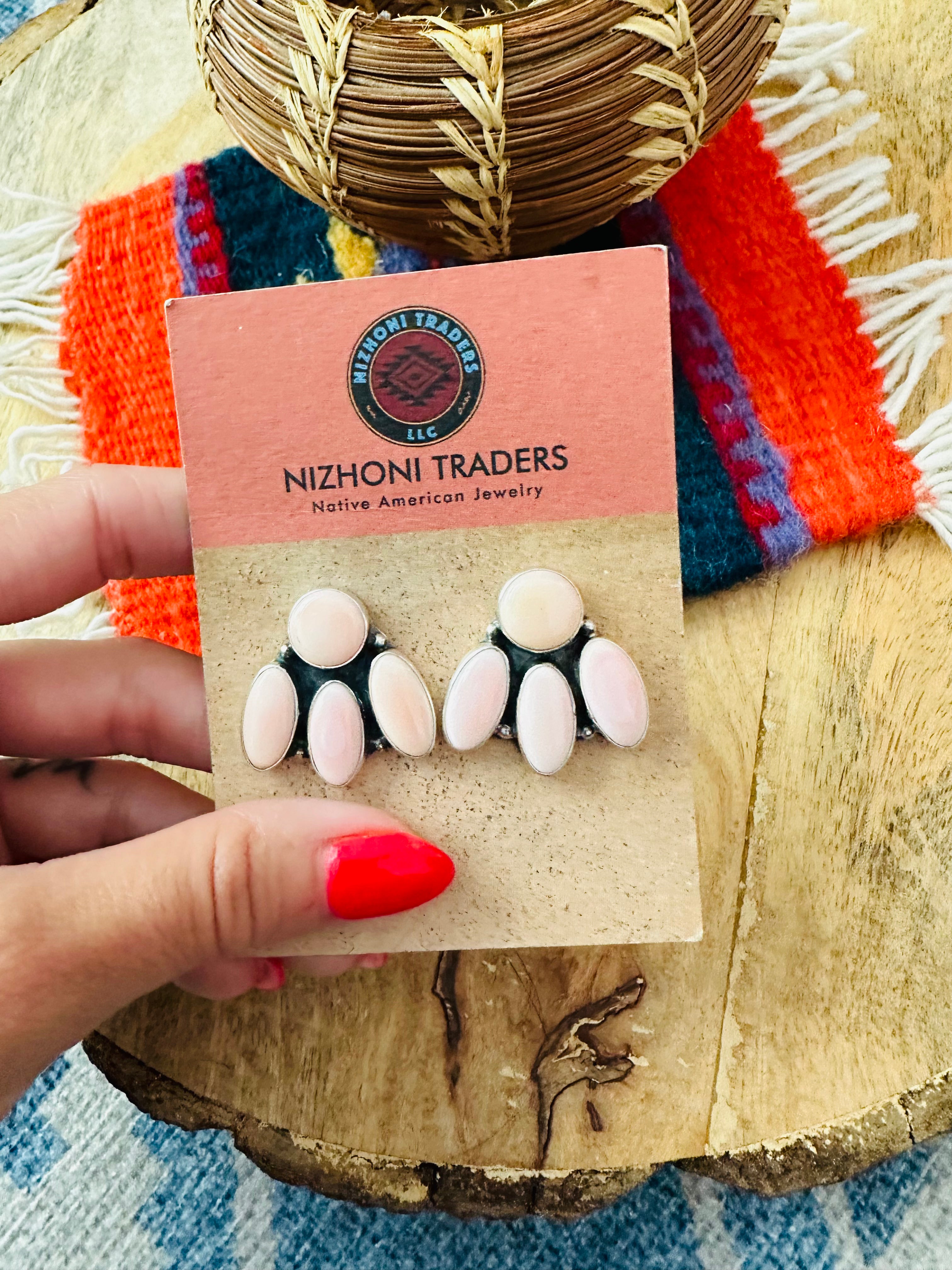 Navajo Queen Pink Conch & Sterling Silver Cluster Stud Earrings