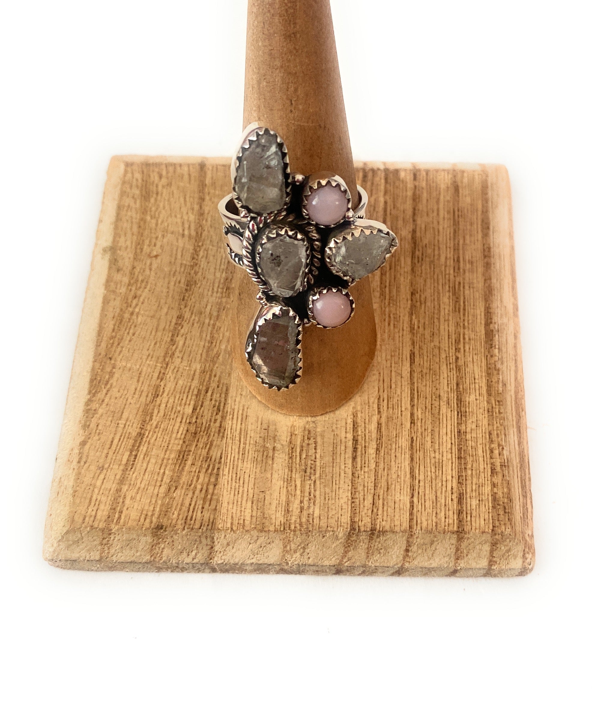 Handmade Sterling Silver, Herkimer Diamond & Queen Pink Conch She’ll Cluster Adjustable Ring