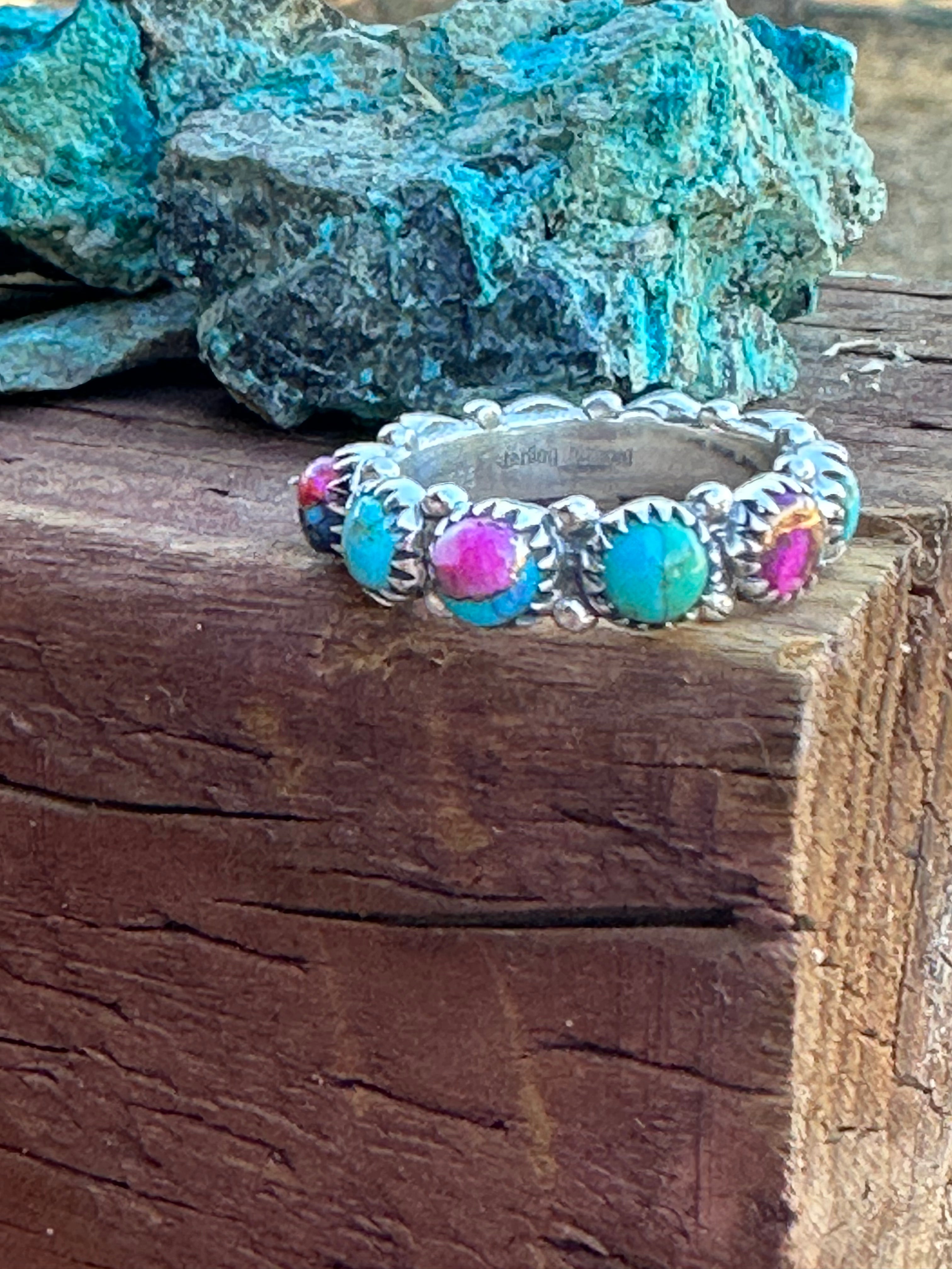 Pink Dream and Kingman Turquoise Sterling Silver Eternity Band