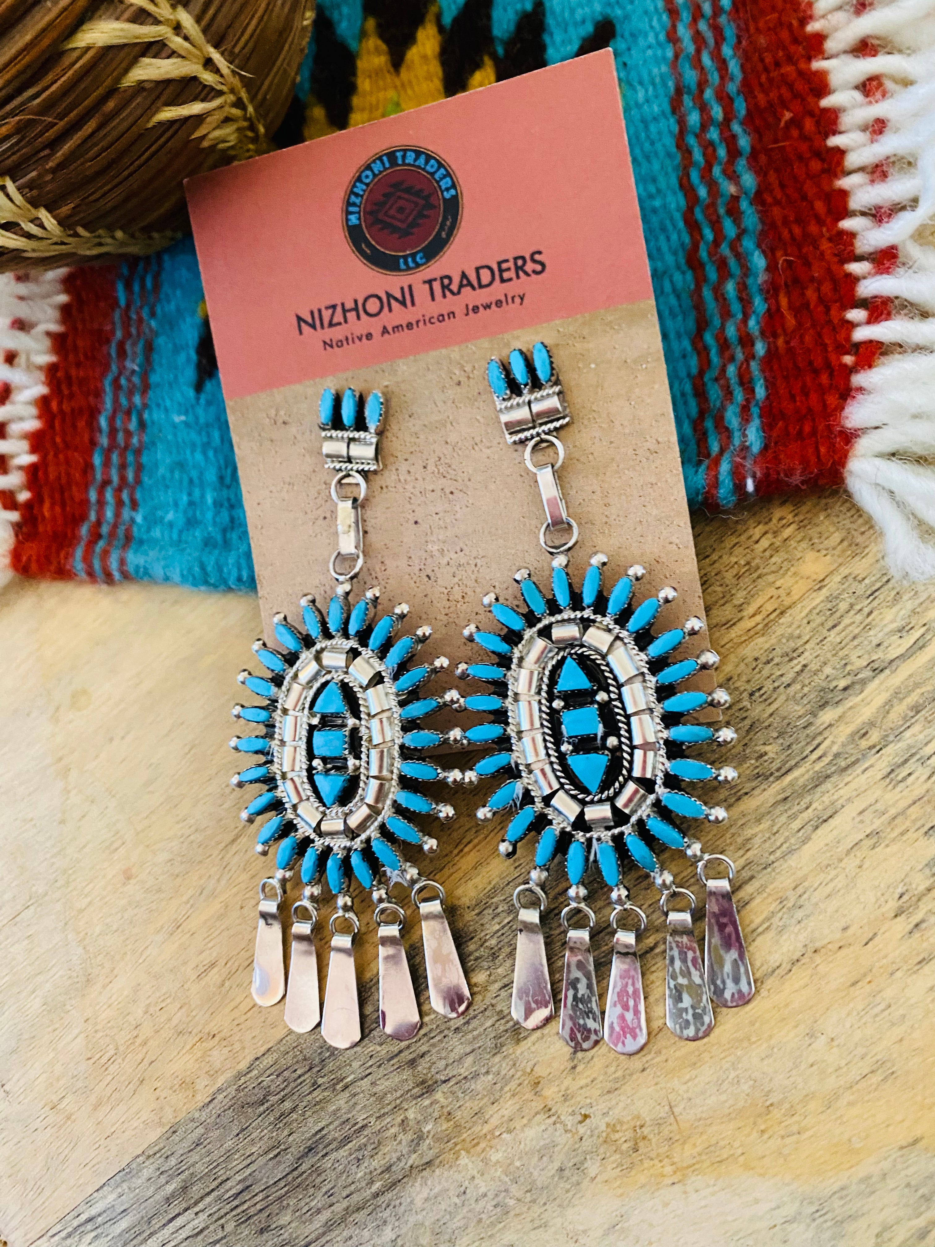 Zuni Sterling Silver & Turquoise Cluster Dangle Earrings