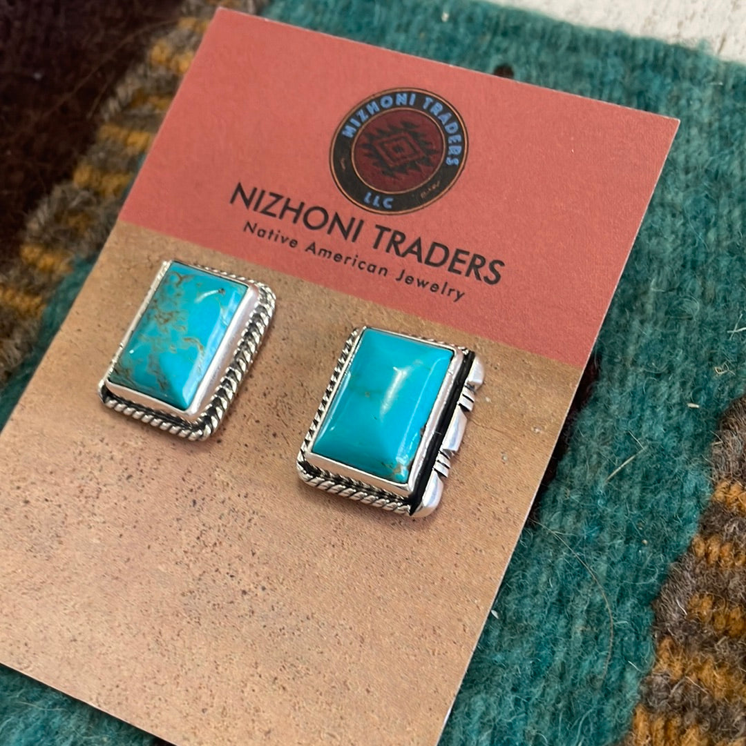 Navajo Turquoise & Sterling Silver Rectangle Earrings Signed