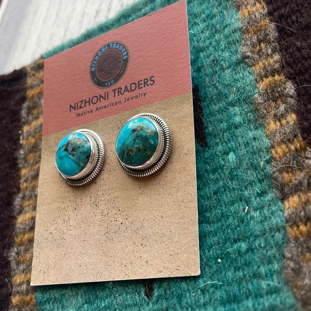 Navajo Sterling Silver & Turquoise Circle Stud Earrings Signed Wydell Billie