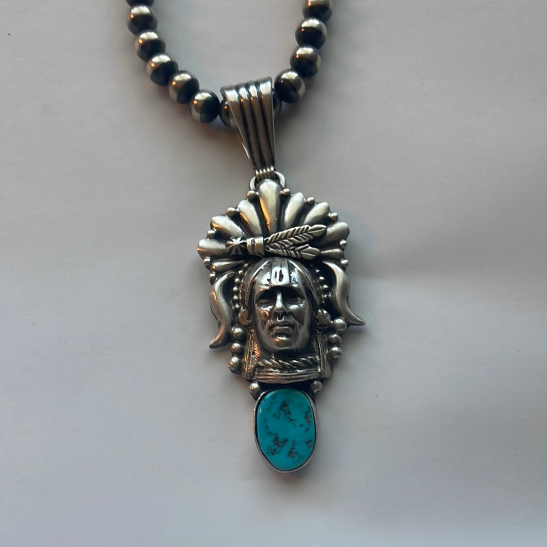 Beautiful Navajo Sterling Silver & Turquoise Chief Pendant Signed Russell Sam