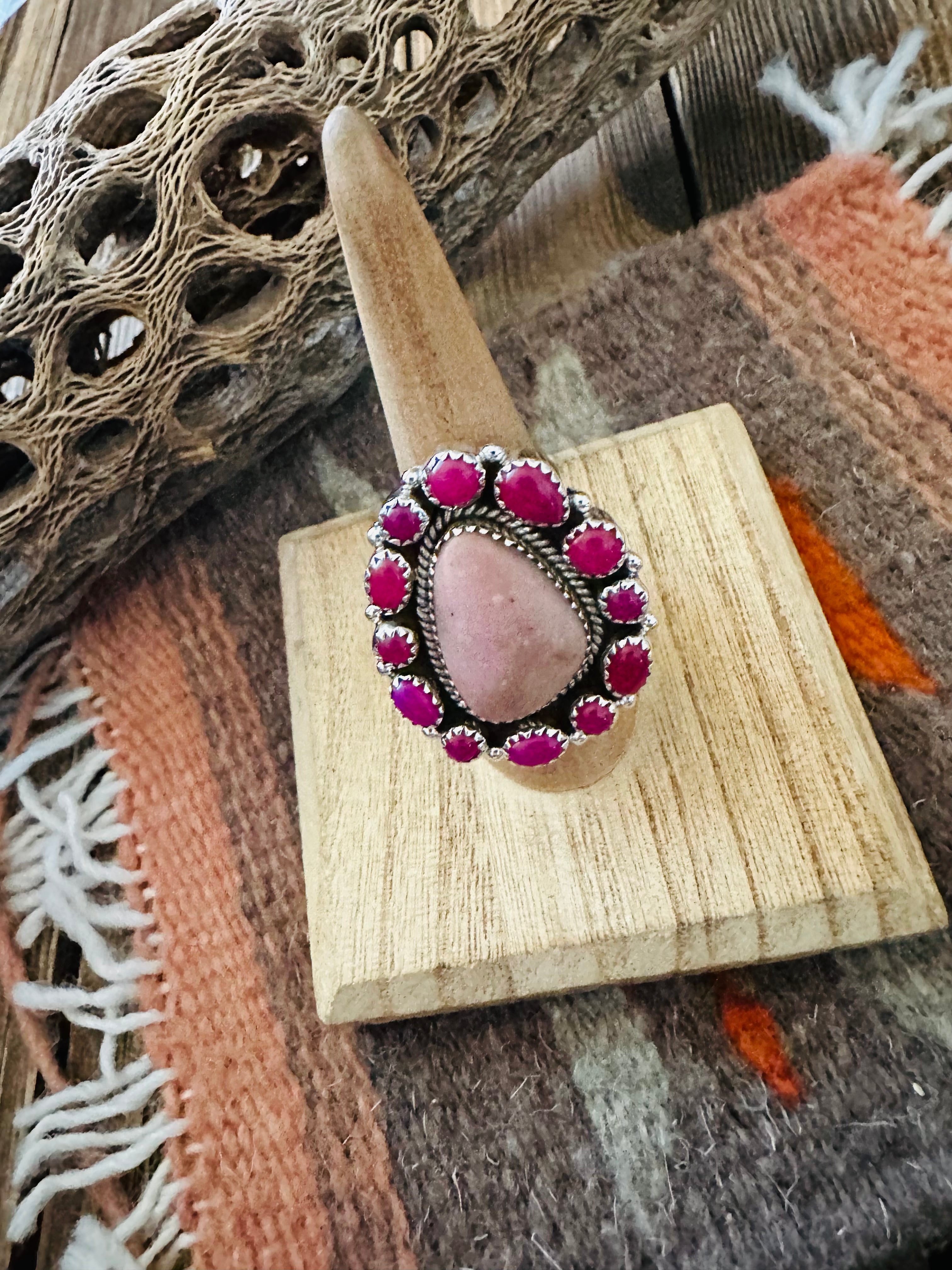 Handmade Sterling Silver, Patalite & Pink Onyx Cluster Adjustable Ring