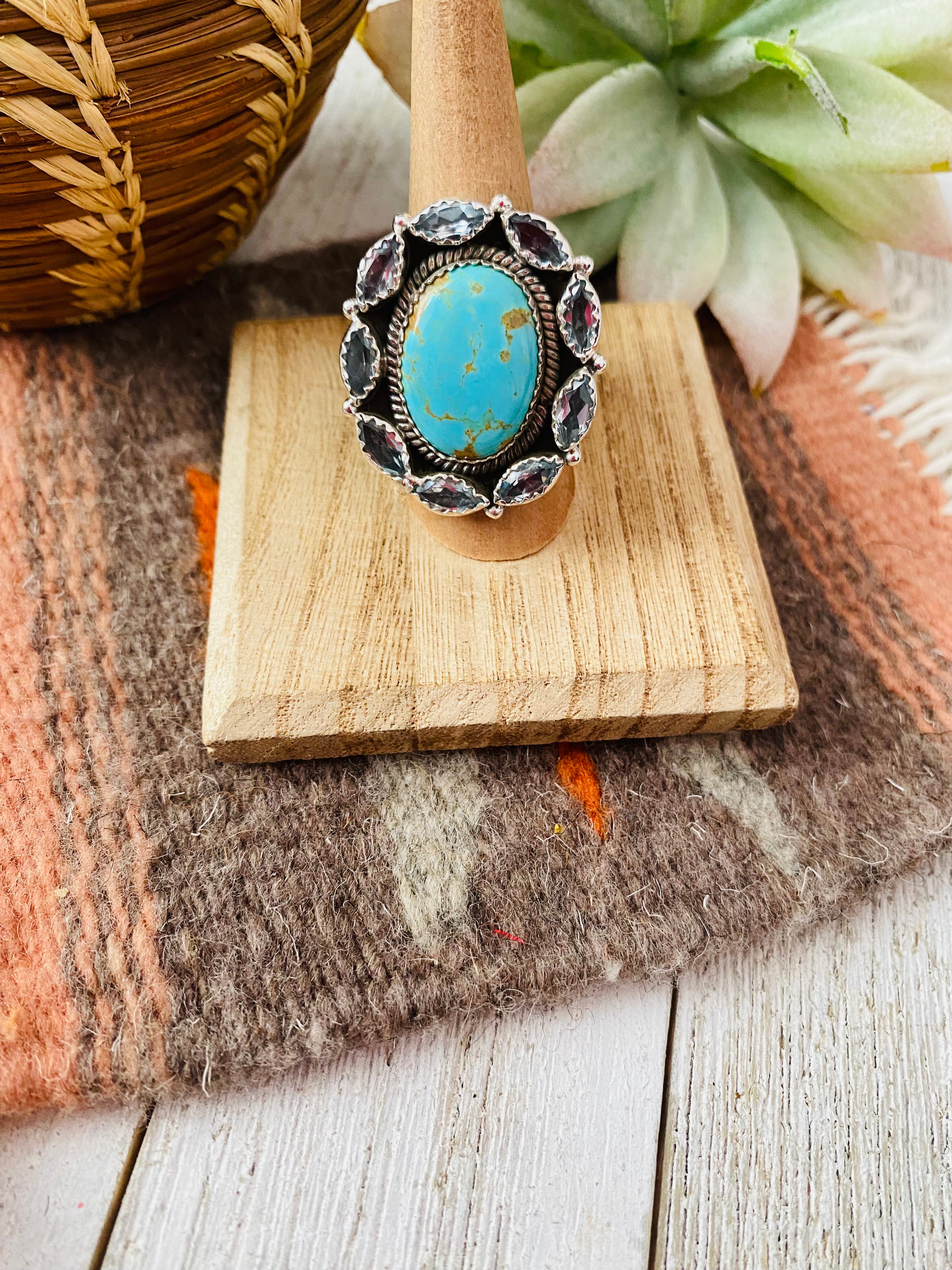 Handmade Sterling Silver, Turquoise & Topaz Cluster Adjustable Ring