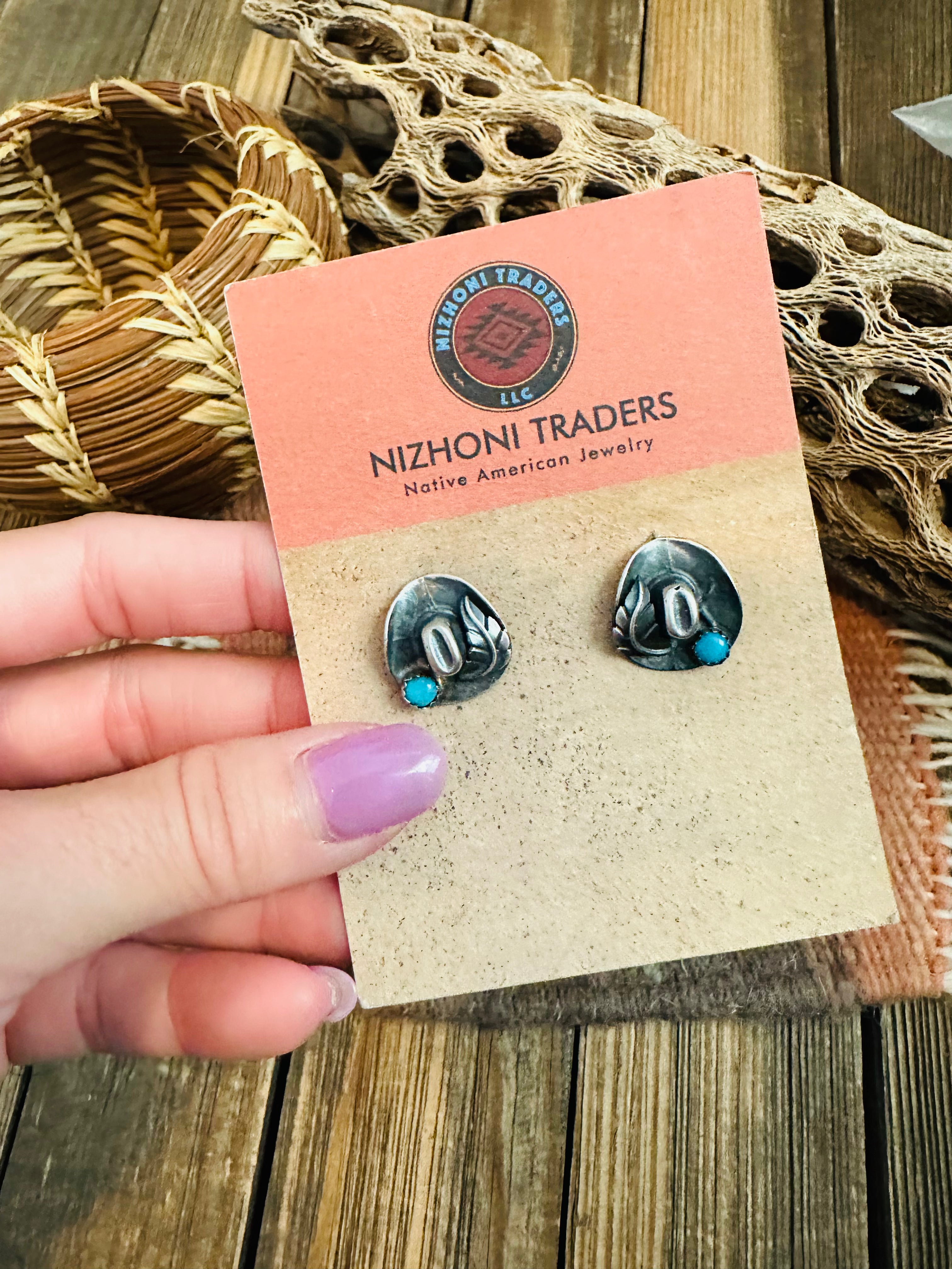 Navajo Mini Cowboy Hat Sterling Silver & Turquoise Stud Earrings