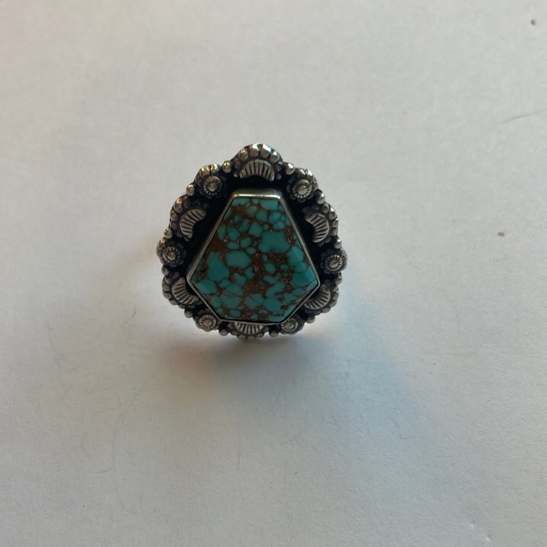 Handmade Sterling Silver & Number 8 Turquoise Adjustable Ring Signed Nizhoni