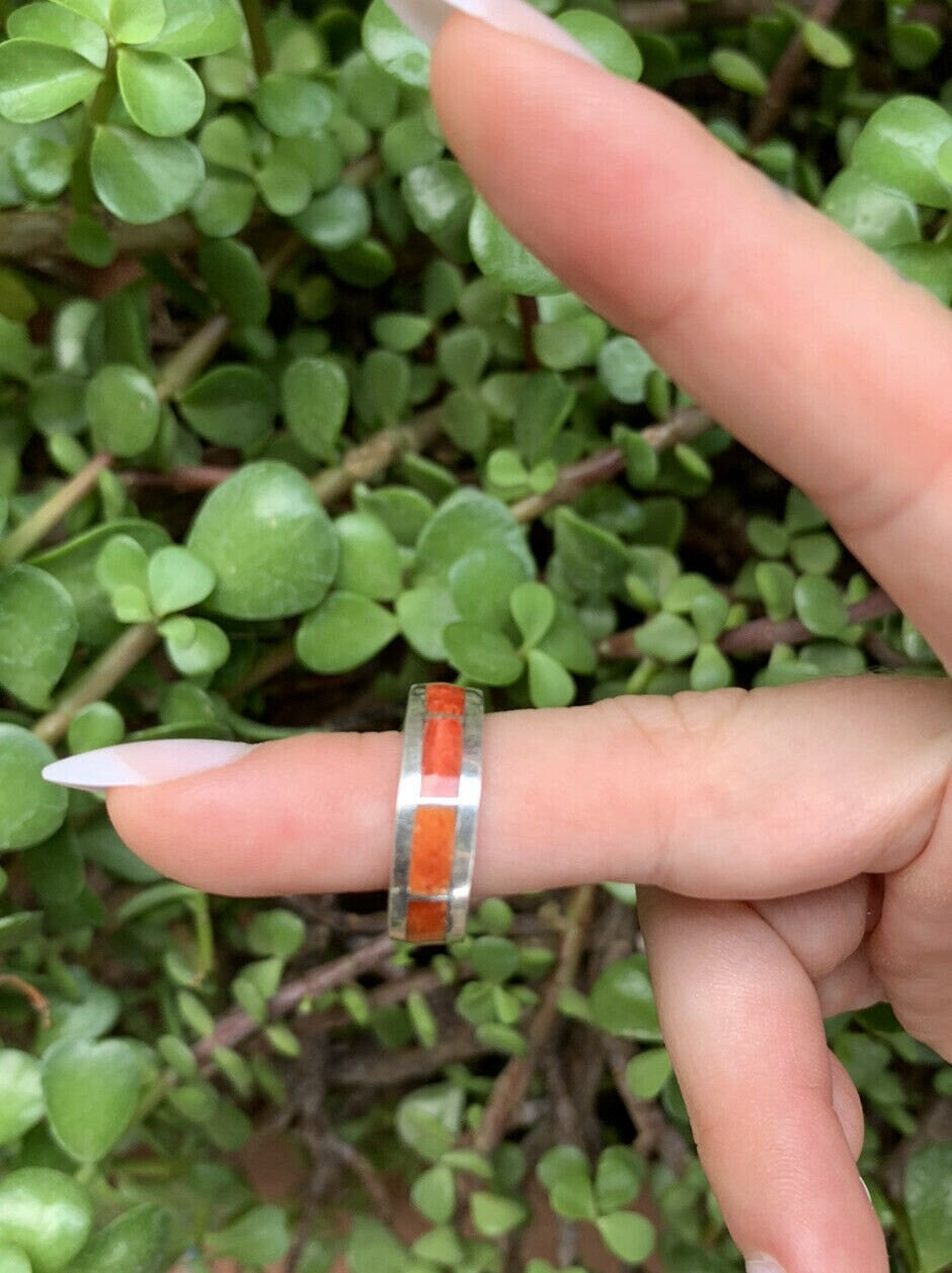 Navajo Sterling Silver & Orange Spiny Inlayed Stacker Ring