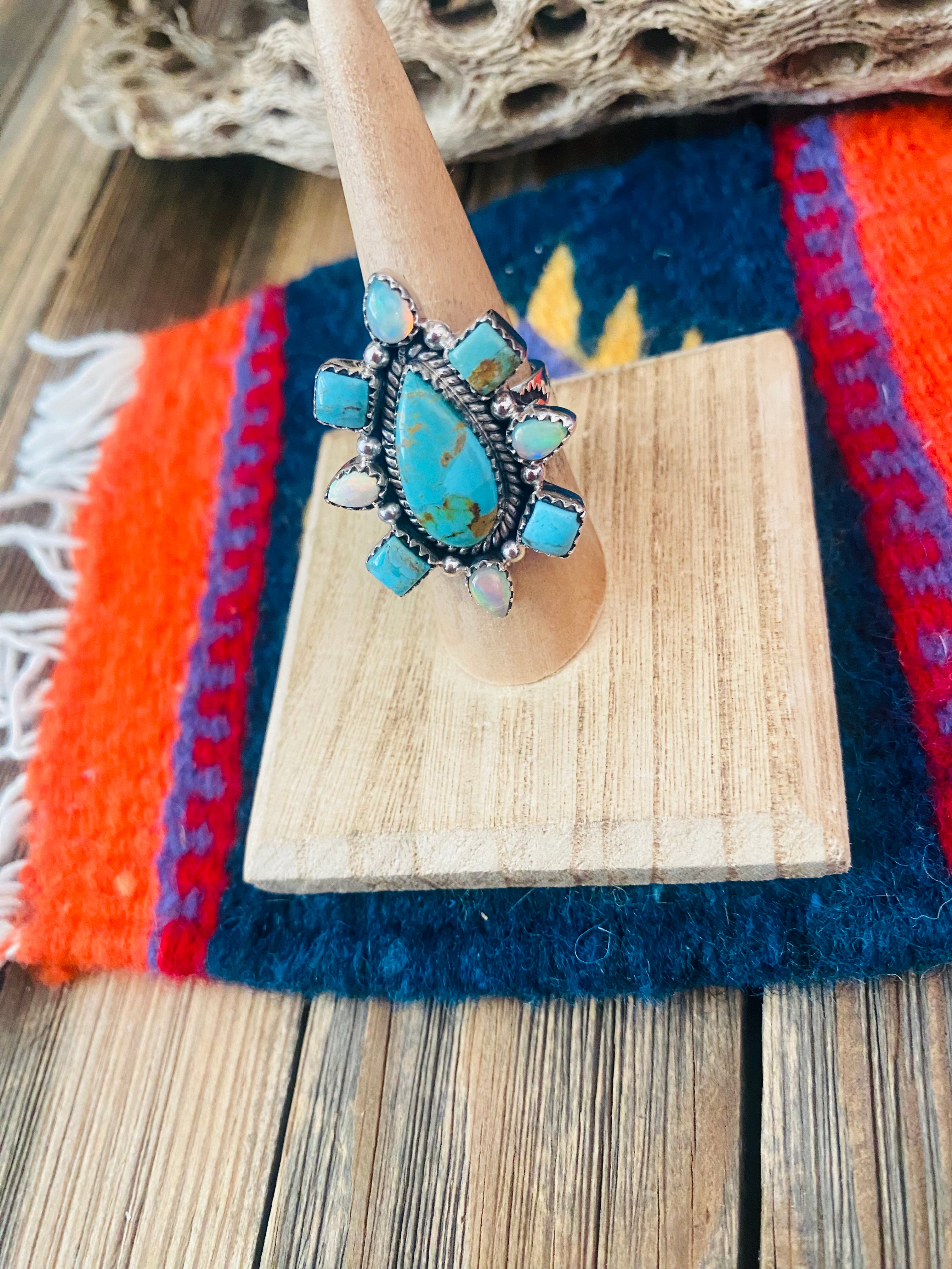 Handmade Sterling Silver, Turquoise & Opal Adjustable Ring