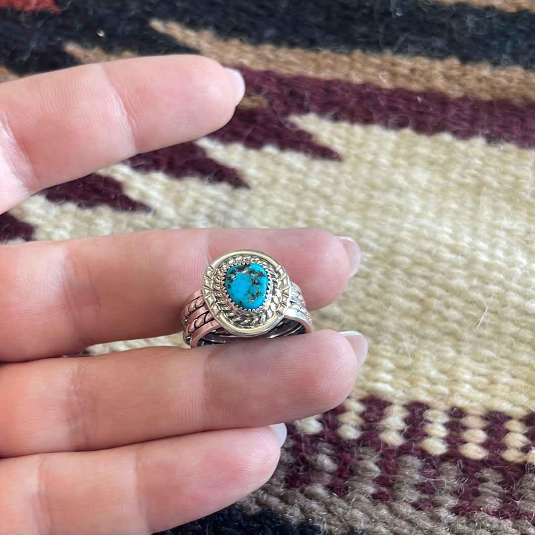 Navajo Sterling Silver Kingman Turquoise 2 Braid Band Ring