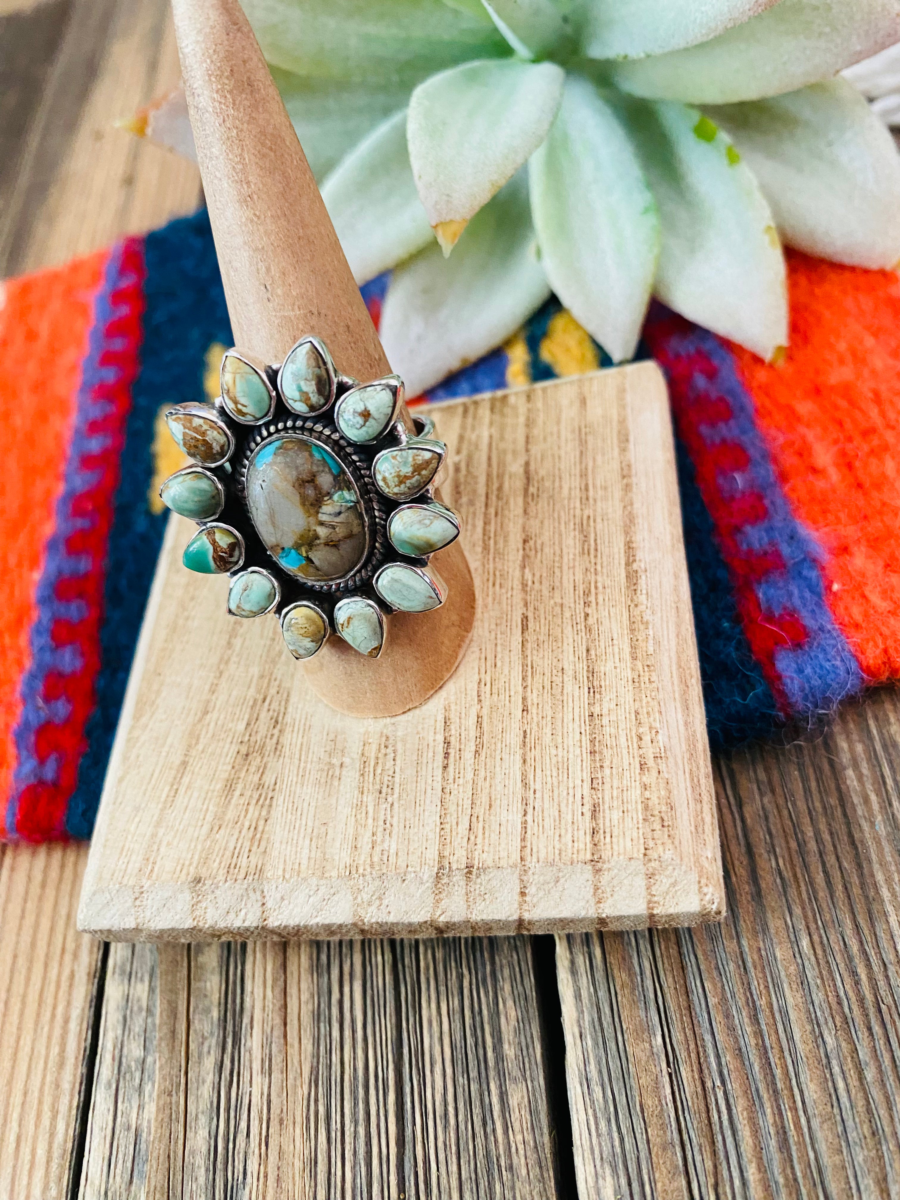 Handmade Sterling Silver & Turquoise Cluster Adjustable Ring