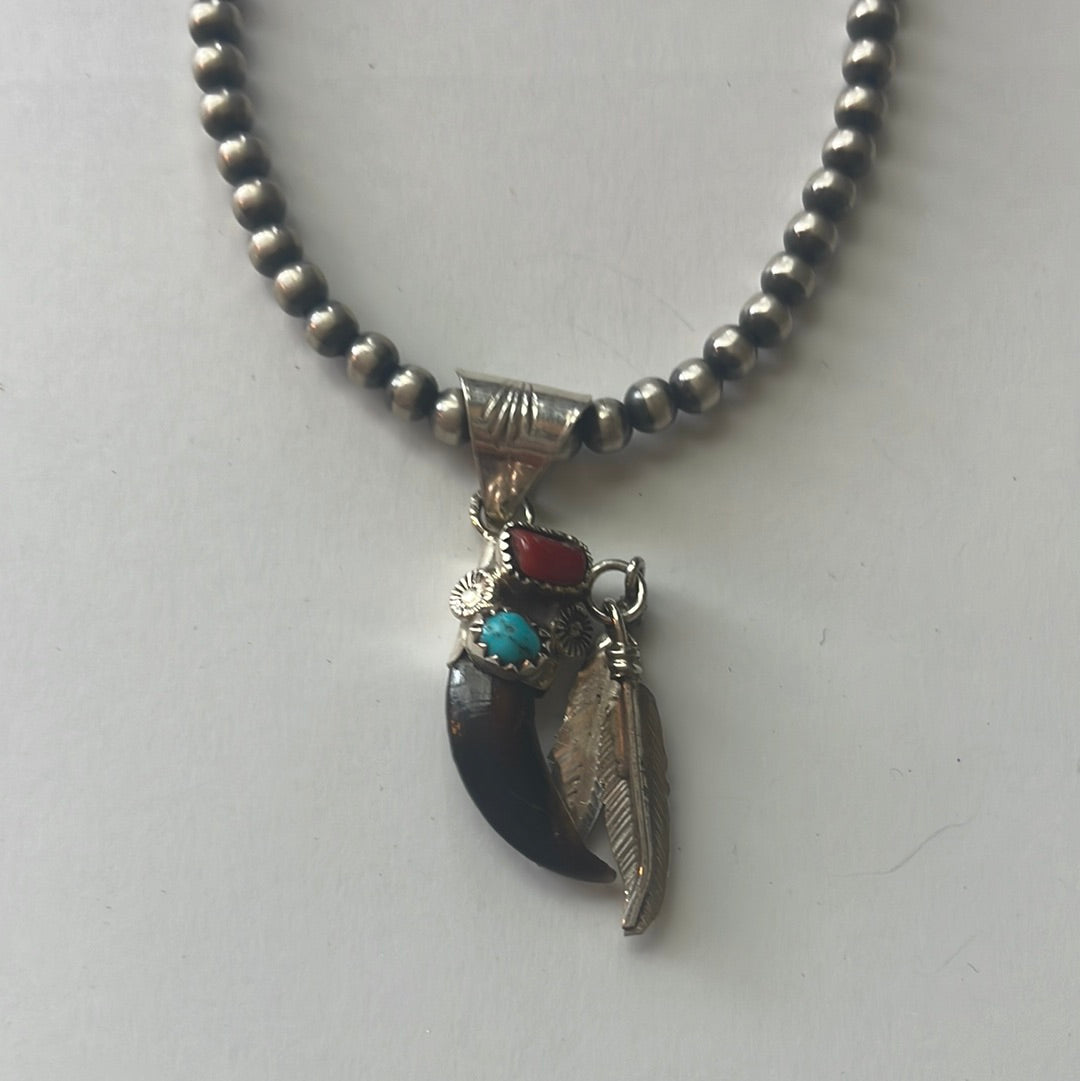 Navajo Coral, Turquoise & Sterling Silver Feather Pendant