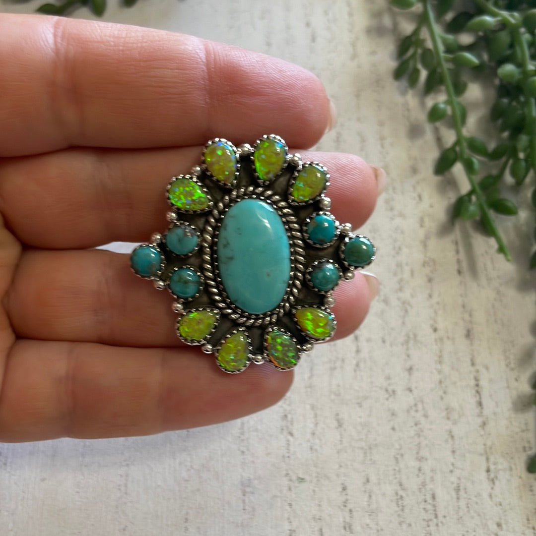 Nizhoni Handmade Fire Opal, Turquoise And Sterling Silver Adjustable Ring