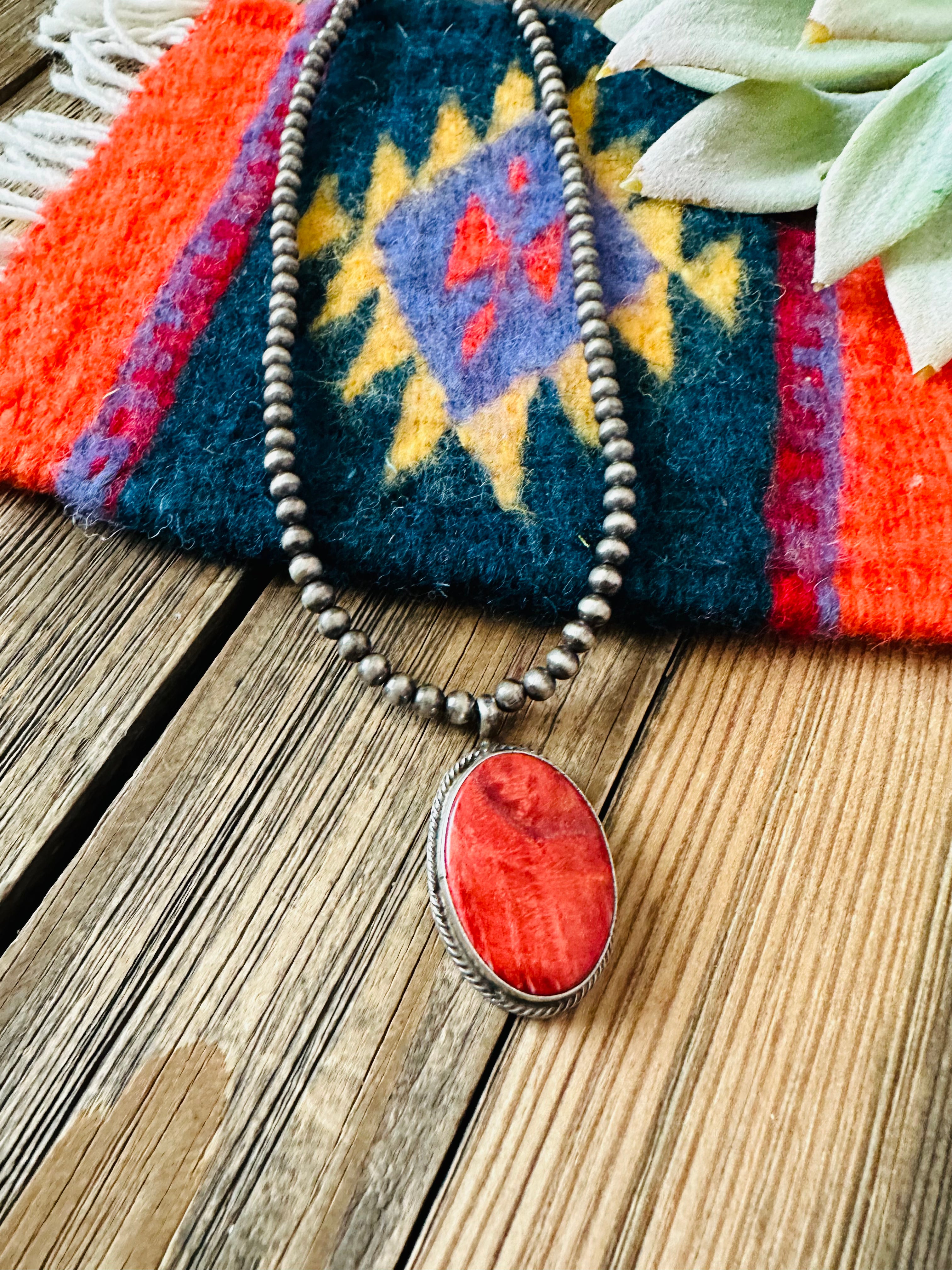 Navajo Sterling Silver Pearl & Orange Spiny Beaded Necklace