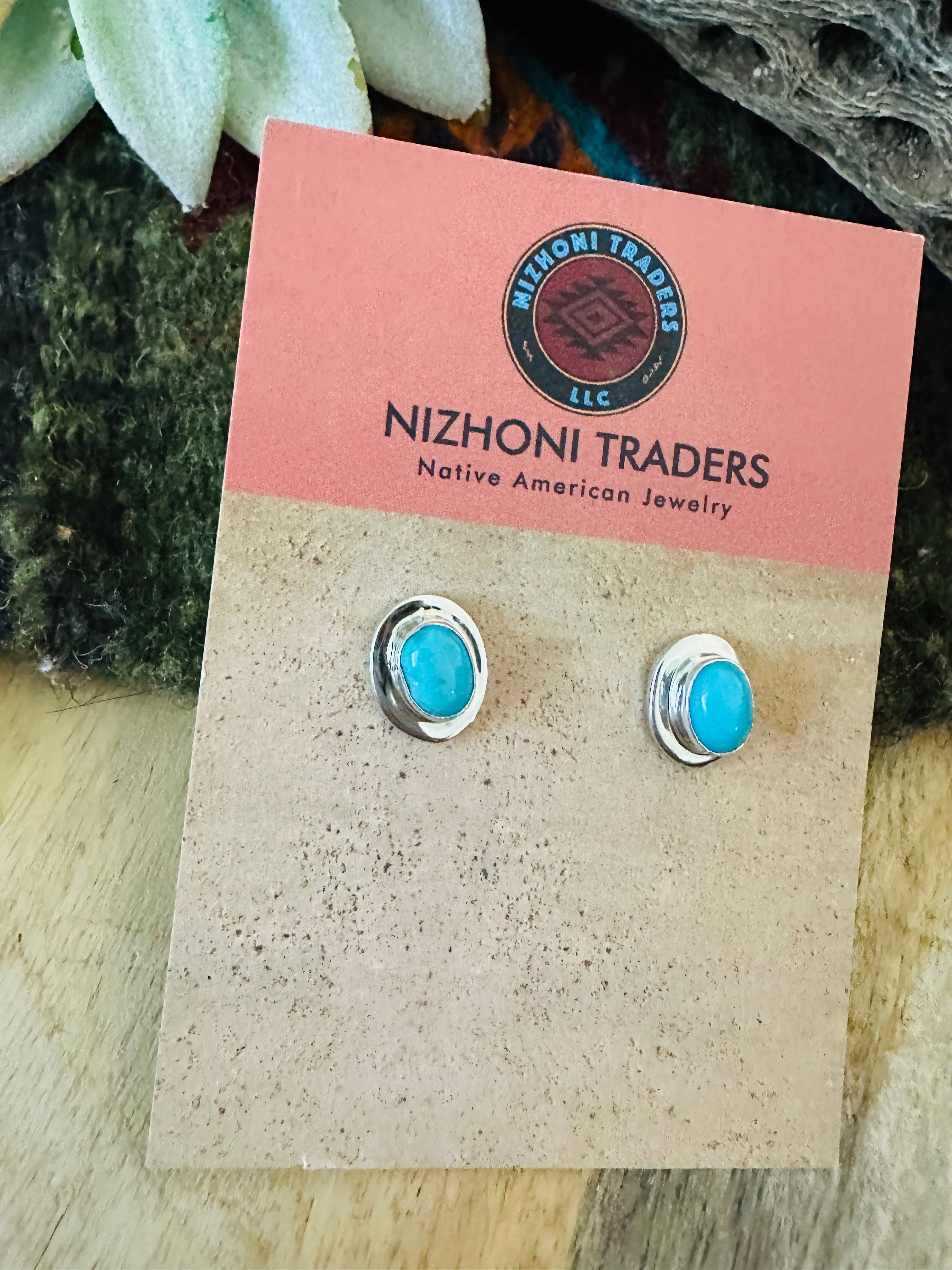 Navajo Turquoise & Sterling Silver Oval Stud Earrings