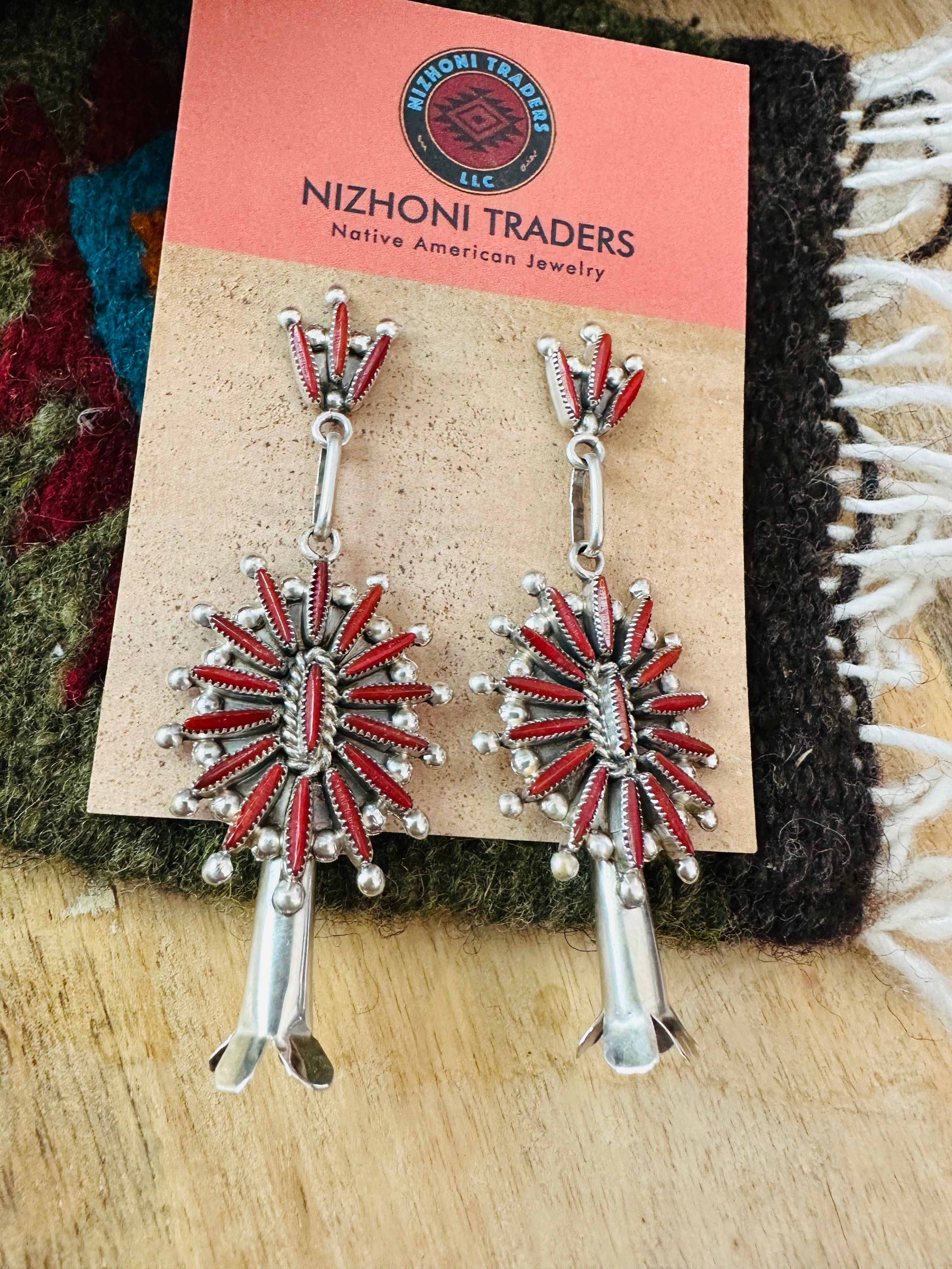 Zuni Sterling Silver & Coral Needlepoint Dangle Earrings