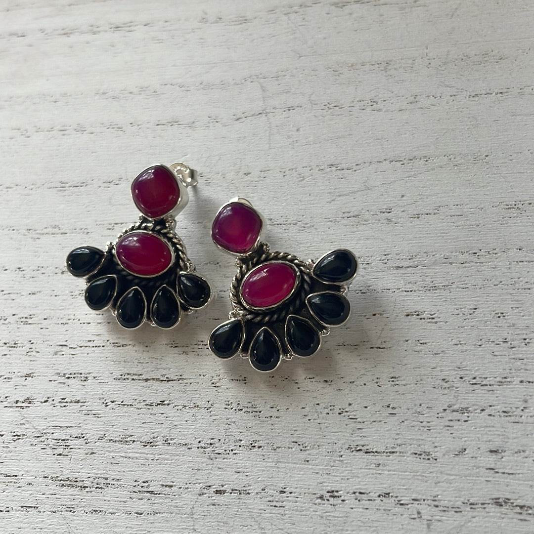 Beautiful Handmade Pink & Black Onyx & Sterling Silver Post Earrings Signed Nizhoni