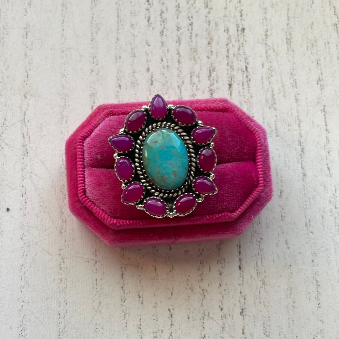 Handmade Pink Onyx & Turquoise Sterling Silver Adjustable Ring Signed Nizhoni