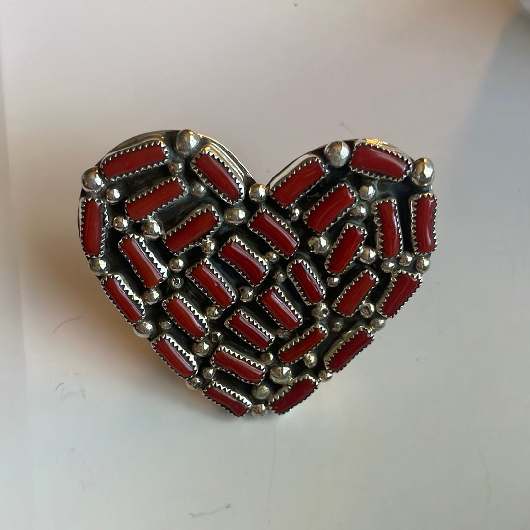 Navajo Coral Sterling Silver Adjustable Heart Ring Signed