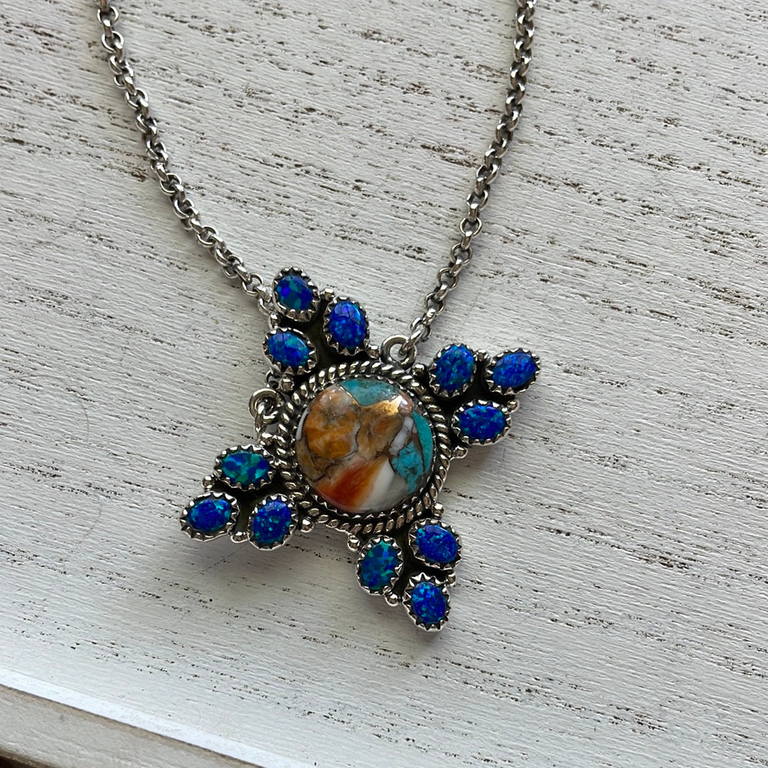 Handmade Sterling Silver, Opal & Spice Necklace Signed Nizhoni