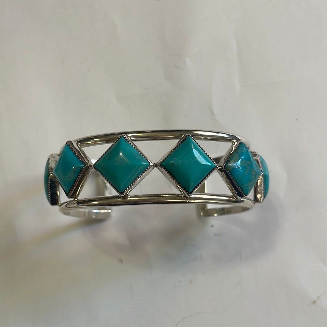 Navajo 6 Stone Turquoise & Sterling Silver Cuff Bracelet Signed