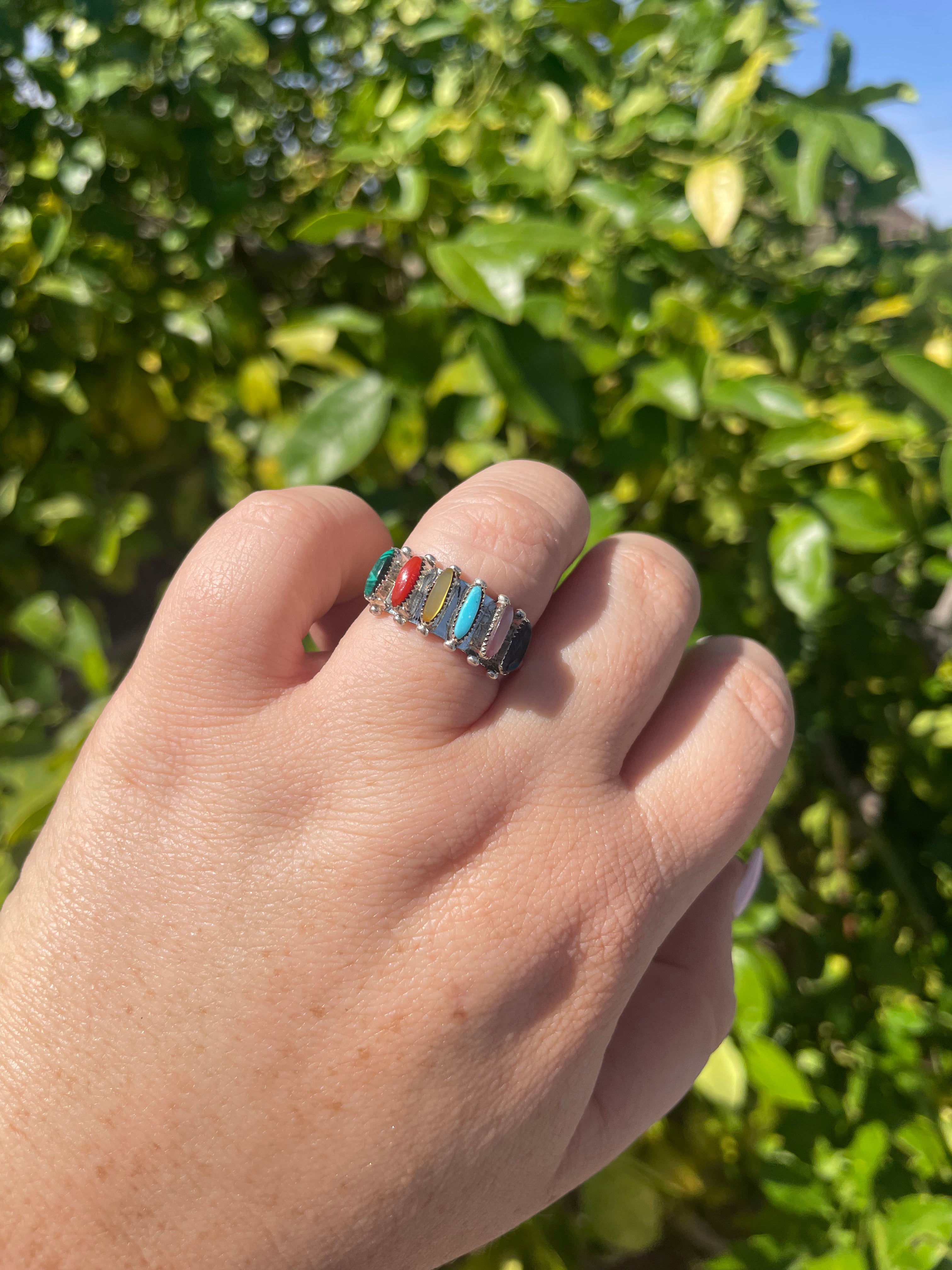 Zuni Sterling Silver Multi Colored 6 Stone Ring