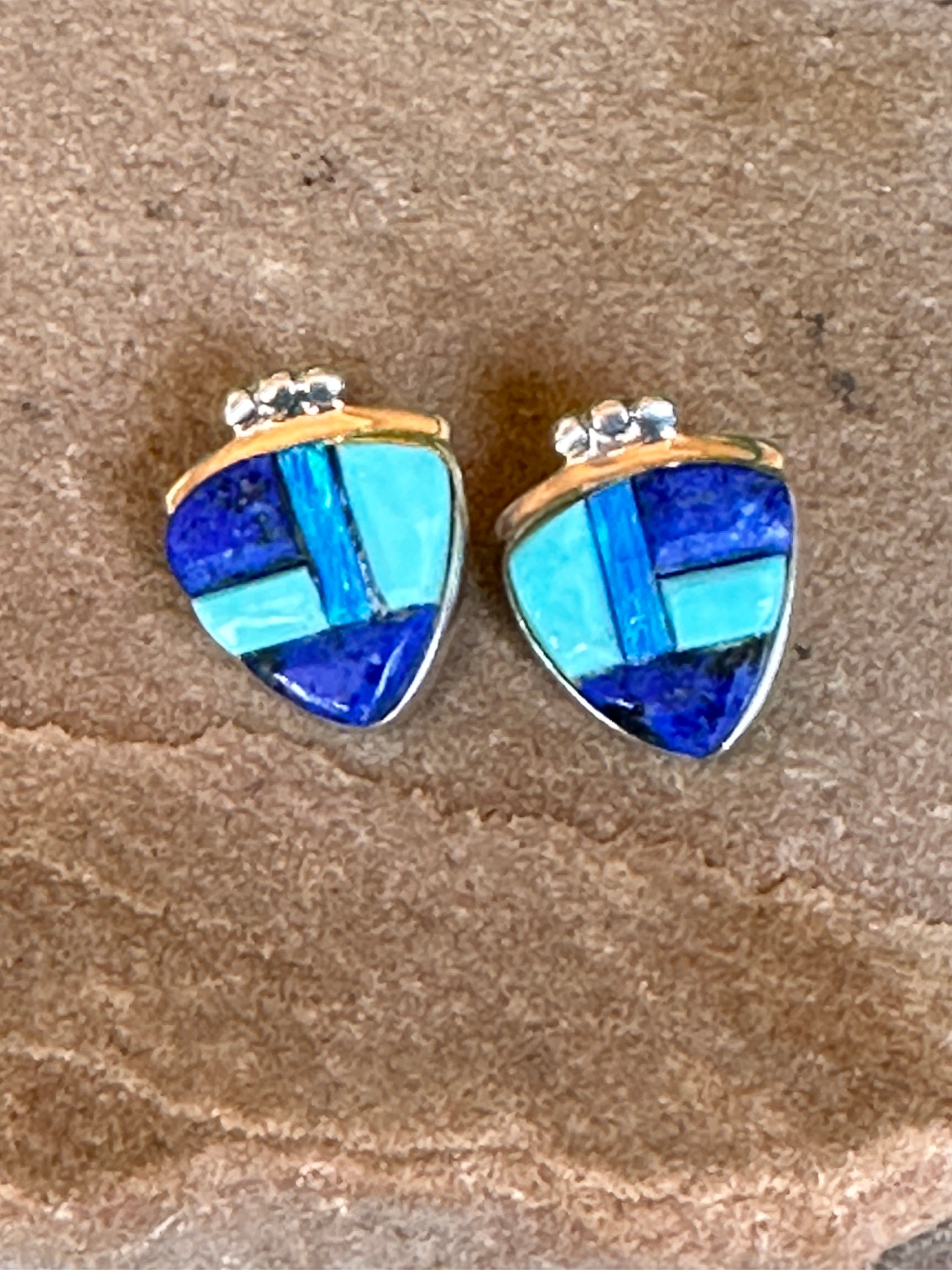 Handcrafted Lapis, Turquoise, Blue Triangle Berry Earrings