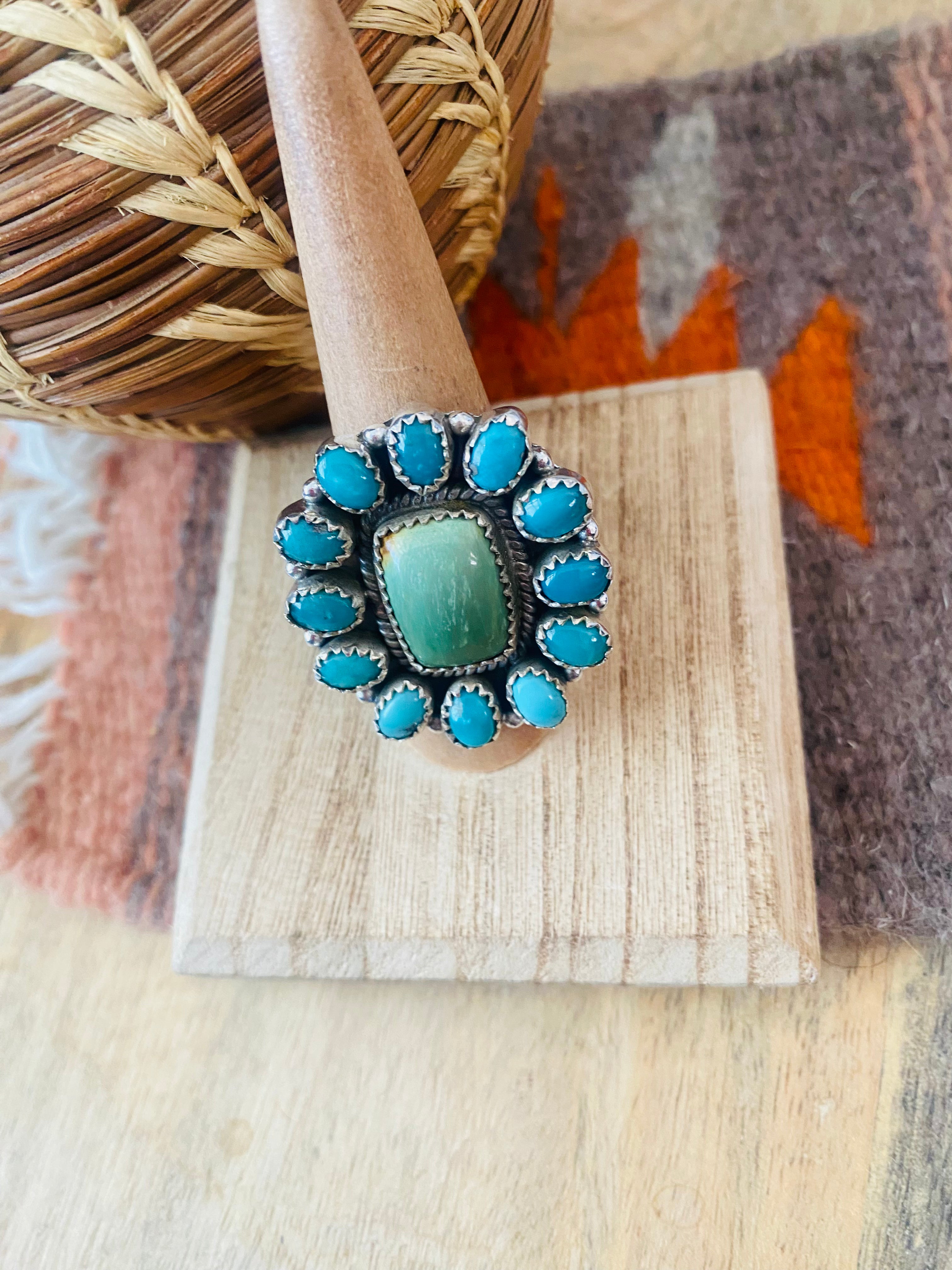 Handmade Sterling Silver, Variscite & Turquoise Cluster Adjustable Ring