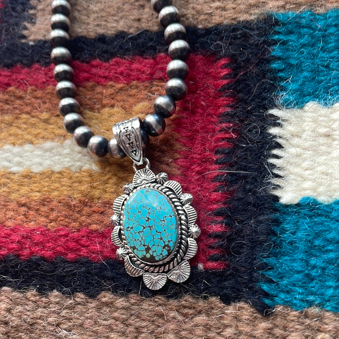 Handmade Sterling Silver & Number 8 Turquoise Pendant Signed Nizhoni